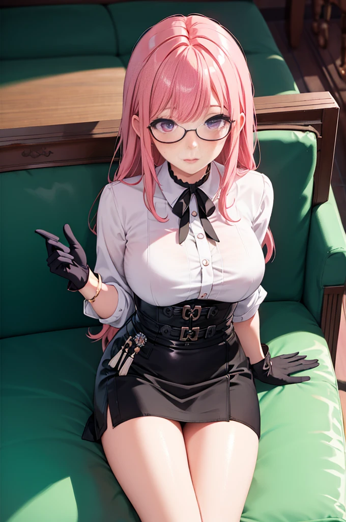 1 girl, Yanagi Tsukishiro , Alone,  sitting on a couch,  beautiful breasts , sensual lips,  pink hair,  seen from above,  looking at the spectator,  beautiful eyes ,  detailed eyes , purple eyes, simple samurai shoulder pad , glasses,  choker :1.6, ( black gloves),  shiny high waist mini skirt,  white shirt with ,  dark green neck strap,  shy expression , Gothic style library ,  dark gothic style 