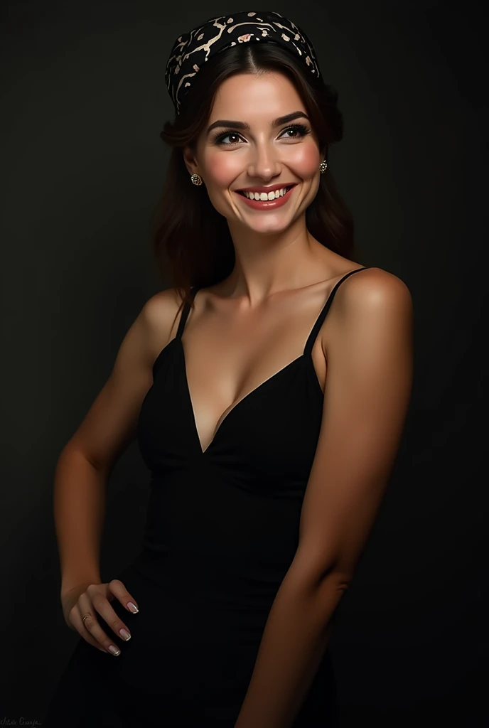 photo brute, visage portrait photo d'a beautiful 26 year old.oh woman, visage mignon, wearing a black dress, happy face, harsh shadows, Cinematographic shooting, Dramatic lighting
