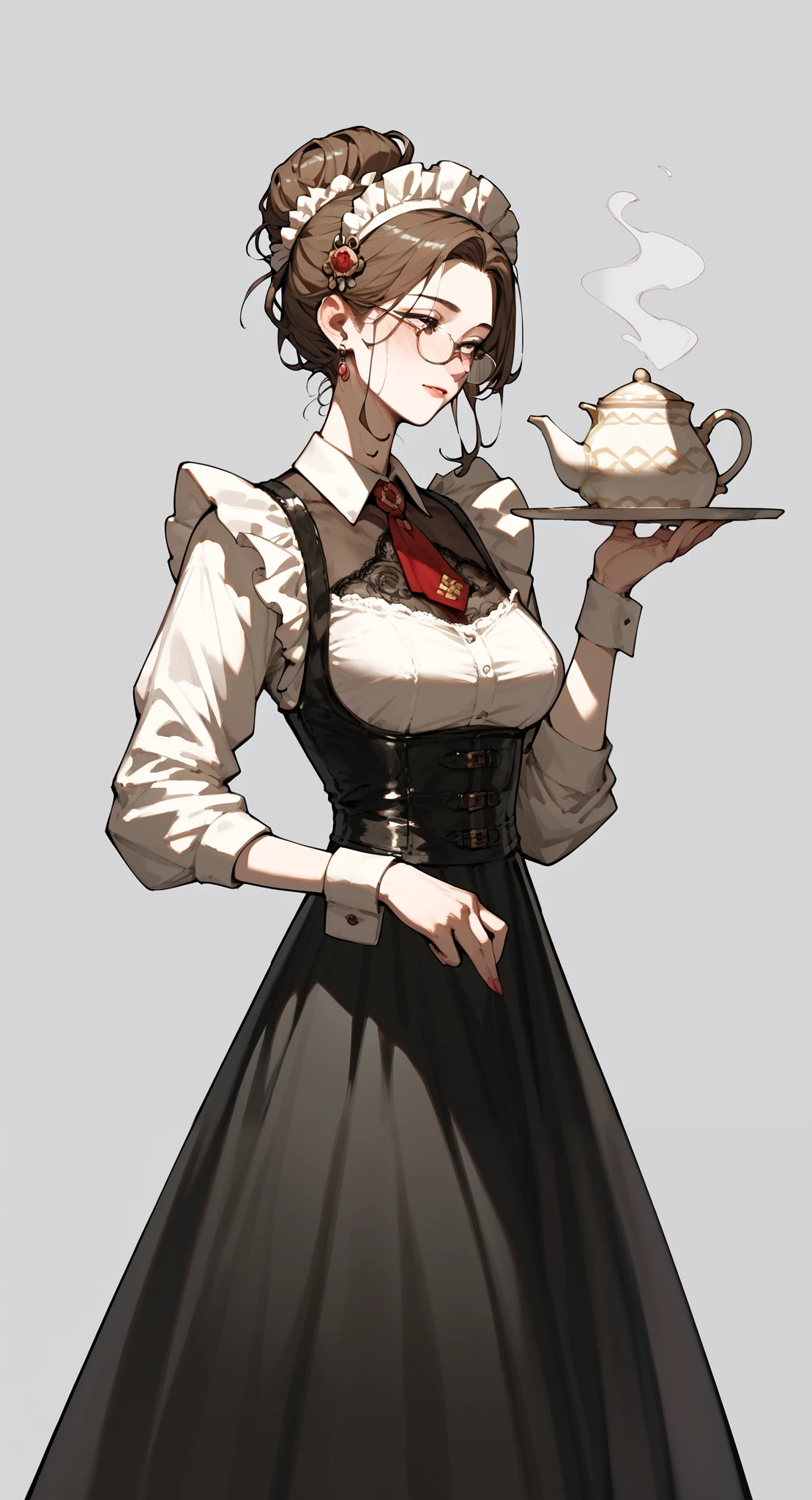 1 Mature Woman , brown round hair bun , lace hair accessories ,Bust ,Long skirt,Small leather shoes,Eyes lowered, ruby on chest,whole body,Standing elegantly, grey background,Maid costume,teapot