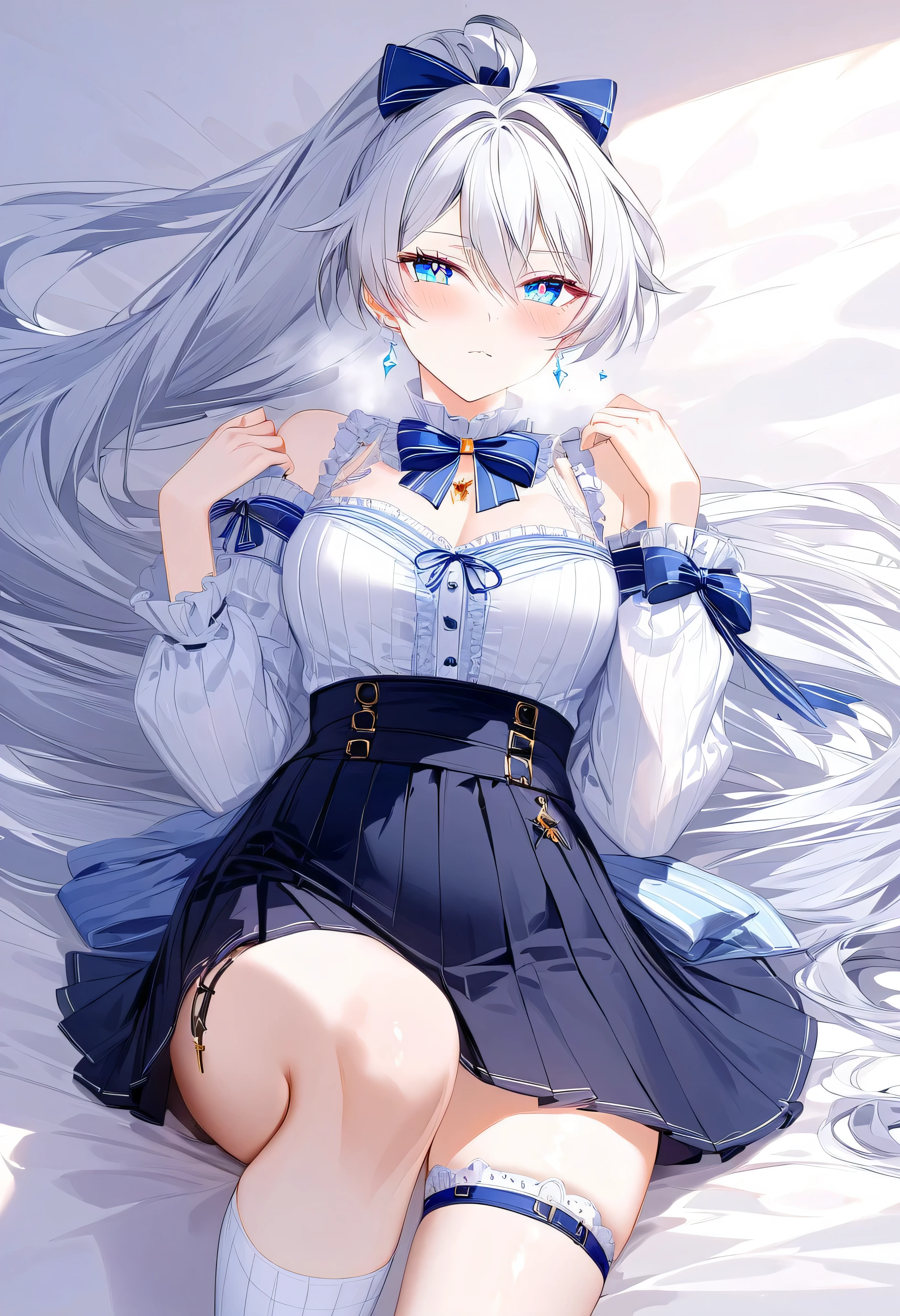 score_9, score_8_up, score_7_up, masterpiece, best quality, very aesthetic, absurdres, 1girl, adult grown woman, solo, kiana kaslana \(honkai impact 3rd\), herrscher of finality, white hair, ahoge, ponytail, long hair, blue eyes, symbol-shaped pupils, blush, closed mouth, heavy breathing, cute anime outfit, light blue ruffled blouse, navy blue ribbon bow with golden pendant, cold-shoulder sleeves, high-waisted pleated black skirt with white trim, asymmetrical white inner pleat, black thigh garter with blue crystal charm, striped blue and white thigh-high sock, detailed stitching, subtle fabric textures, matching navy hair ribbon, modern fantasy casual style, lying down, in a relaxed pose,