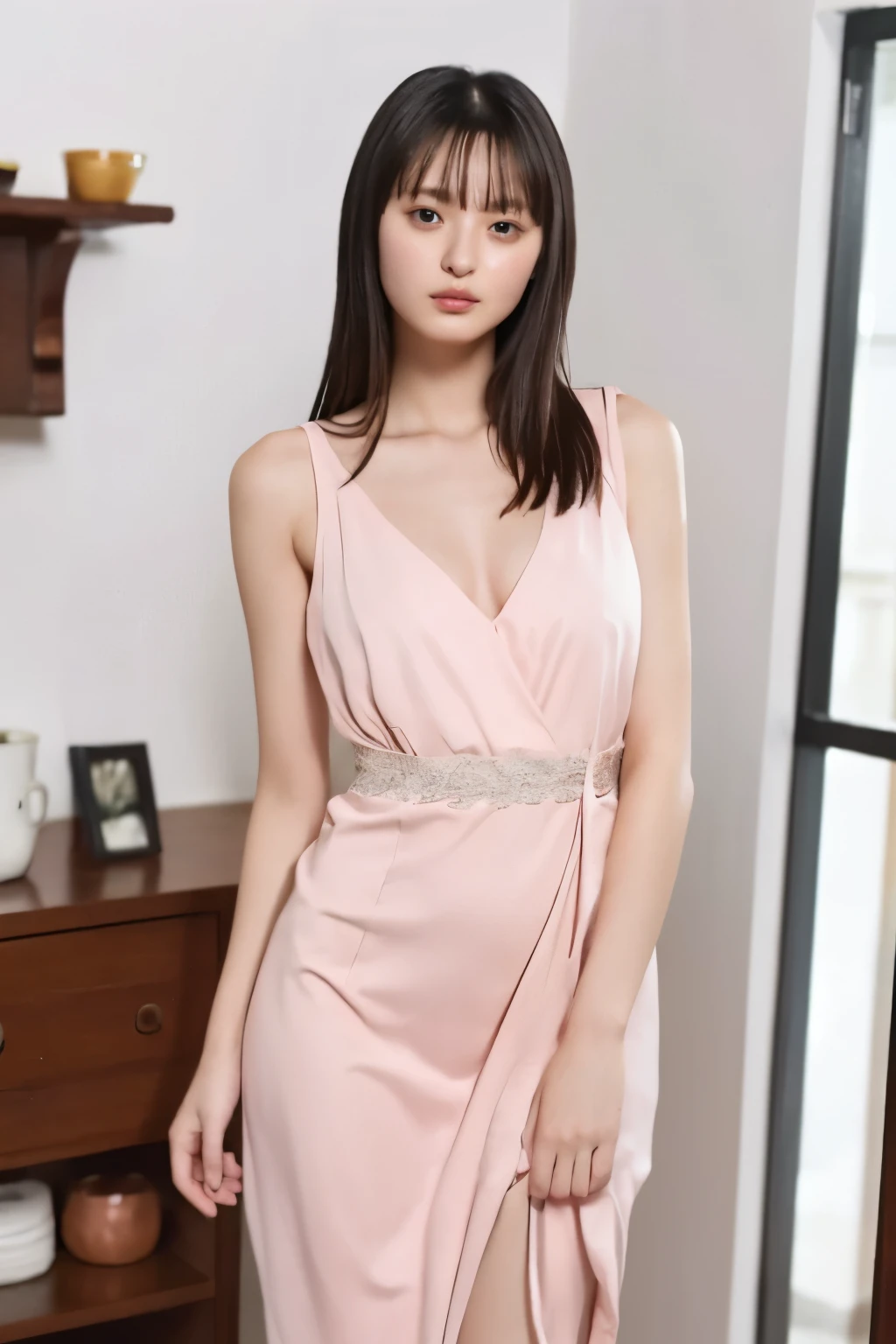 Highest quality,masterpiece,Ultra-high resolution,(Actual:1.4),Ultra-high resolution,8k,There are a women ,(head size:0.2),(Body slimness:0.5) ,She closes her eyes。 open her mouth 、(She is in a state of sexual arousal:1.2)、 Fair skin, Long legs:1.5,high waist、 She is wearing black dresses。 Is it backlit photo 、 Inside a Dim Room 、She running her fingers through her hair. Photo from the thigh up、fullbody shot,