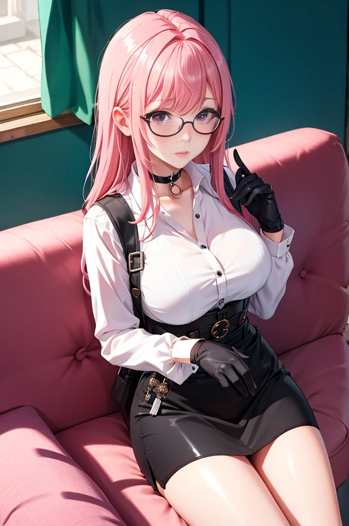 1 girl, Yanagi Tsukishiro , Alone,  sitting on a couch,  beautiful breasts , sensual lips,  pink hair,  seen from above,  looking at the spectator,  beautiful eyes ,  detailed eyes , purple eyes, simple samurai shoulder pad , glasses,  choker :1.6, ( black gloves),  shiny high waist mini skirt,  white shirt with ,  dark green neck strap,  shy expression , Gothic style library ,  dark gothic style 