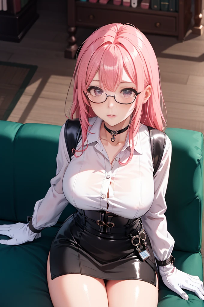 1 girl, Yanagi Tsukishiro , Alone,  sitting on a couch,  beautiful breasts , sensual lips,  pink hair,  seen from above,  looking at the spectator,  beautiful eyes ,  detailed eyes , purple eyes, simple samurai shoulder pad , glasses,  choker :1.6, ( black gloves),  shiny high waist mini skirt,  white shirt with ,  dark green neck strap,  shy expression , Gothic style library ,  dark gothic style 