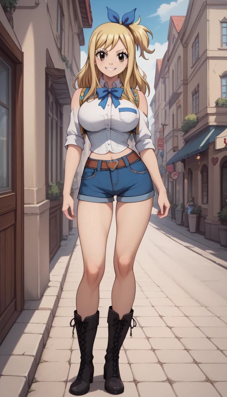 ultra-detailed, 1girl, lucy heartfilia, Fairy Tail, (best quality), ((masterpiece)), (highres), 16K, brown eyes, perfect face, long hair, blonde hair, hair ribbon, one side up, blue ribbon, wearing white shirt, bootyshorts, boots, busty body, large breasts and a beautiful ass, showcasing cleavage, legs, hips, looking at viewer, smile, (view from behind), detailed full body, thigh details, street background