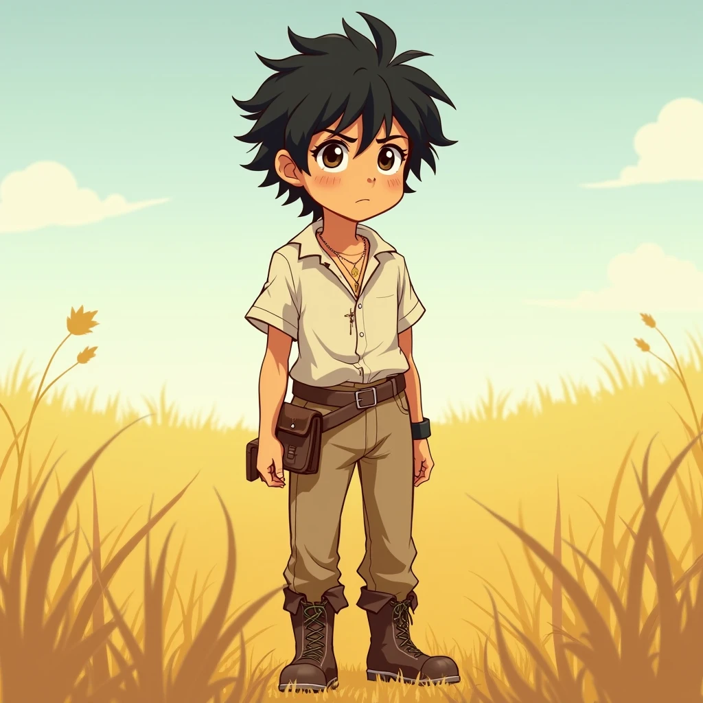 A -yeld an-style peasant boy , Black and messy hair, big and expressive eyes full of youth and innocence. Wear simple clothes: a distressed white shirt , light brown pants and old leather boots . He is standing on a golden field , His expression is serene , but he transmits a spark of inner determination