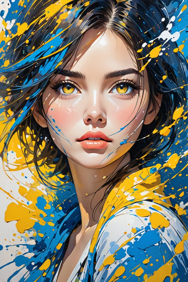 artistic figura of a woman  ,   created with an abstract style full of dynamic brushstrokes  .   The face focuses on the eyes and lips  ,   that stand out with realistic details  ,   while the rest fades away in fluid strokes and splashes of color  .  The predominant tones are blue  , Black and yellow, , , generating a vibrant contrast that gives depth and movement to the composition.   The general style combines realism with contemporary painting techniques  ,   giving a sense of strength and emotional expressiveness  .
  high resolution ,   looking at the spectator ,   Masterpiece,   Awarded many times  , Calcium light ,  emphasis on lines , mix, impressionism,  abstract expressionism, 