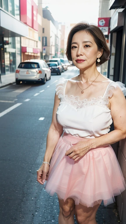 full body shot, from below,  Japanese woman with a viewing angle of, Wife, (78 years old:1.6),  detailed face , Facial wrinkles, Wrinkles around the eyes, smile,  detailed skin texture,  white skin,  heavy makeup ,  long hair, curvy body, (earrings,  necklace,  white blouse with ruffles:1.2), (pink tulle skirt, mini skirt:1.3), ( wearing high heels:1.2), (Standing on the sidewalk,  My whole body is photographed from toe to head:1.2), (surrealism, best quality, ultra detailed, absolutely resolution, 8k, anatomically correct), depth of field, looking at viewer, tachi-e, (gal.safetensors), (bimajo ), full body, Shoot from the front, throw
