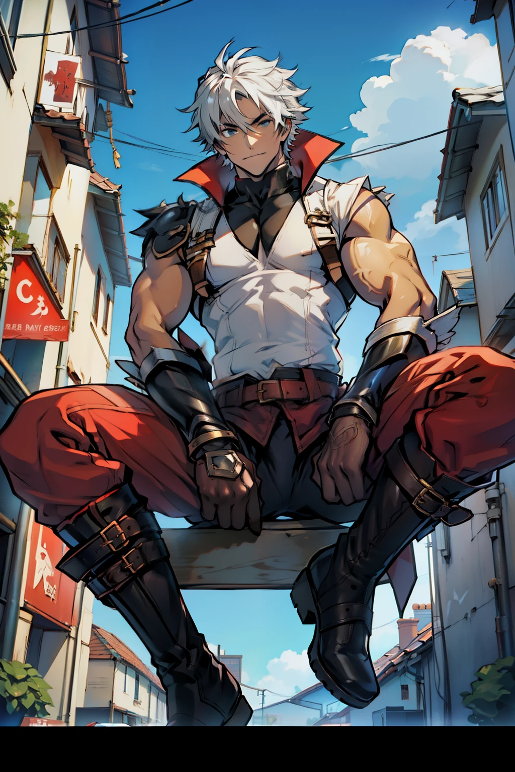 maximum image quality , male people ,,ชาย 1 คน, young handsome,show, white hair ,Flat Short Hair ,Dark skin, Busty Anime , Anime Wallpaper, alone,The perpetrator, panties ,Enlarged chest muscles ,Red coat, Copper neck ,City Scene,Spread their legs, sexy,( Masterpiece, best quality), long white socks , Red Martin Boots,