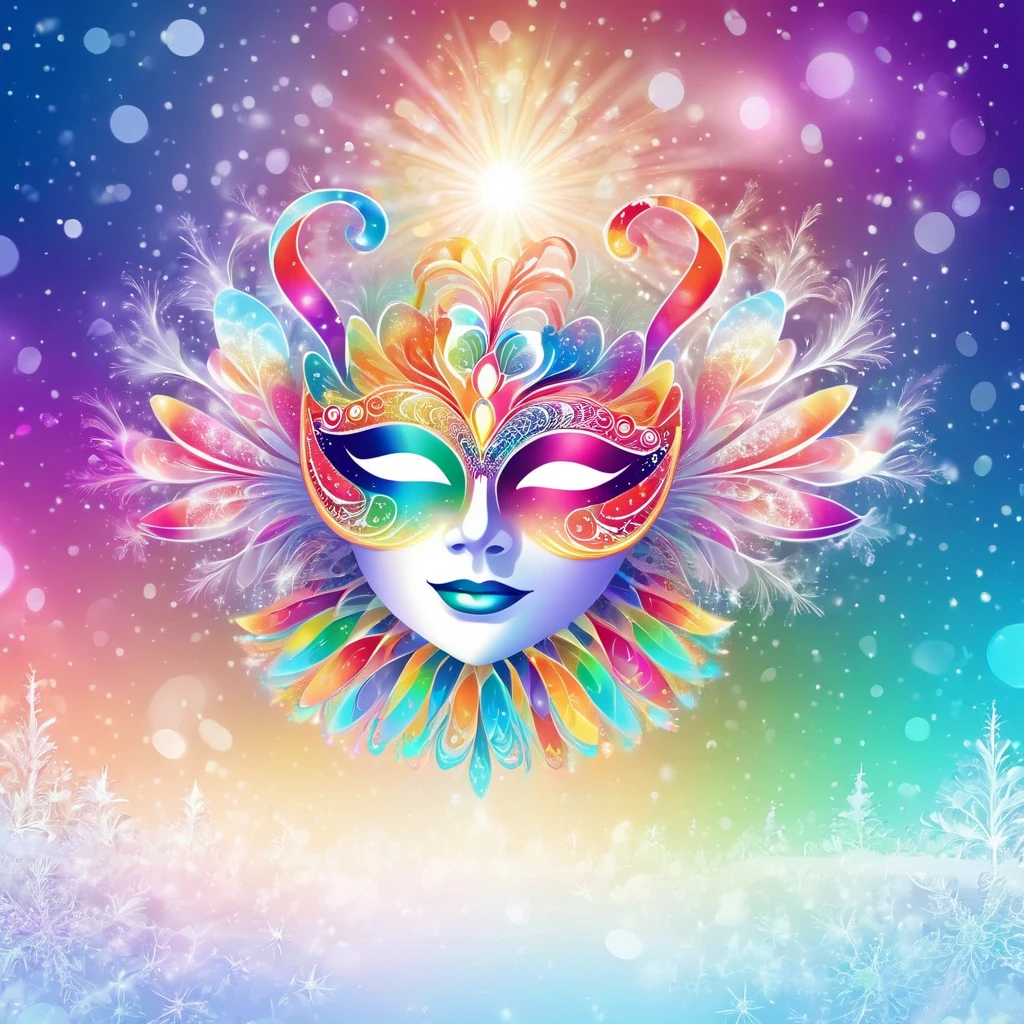 Masquerade Ball, Rainbow Moon, colorful gradient background, Awesome, blurry light particles. Groovy retro vibes, DMT abstract vector fractal, Majestic snowy, header text "Merry Christmas", Self-Nude Works, 