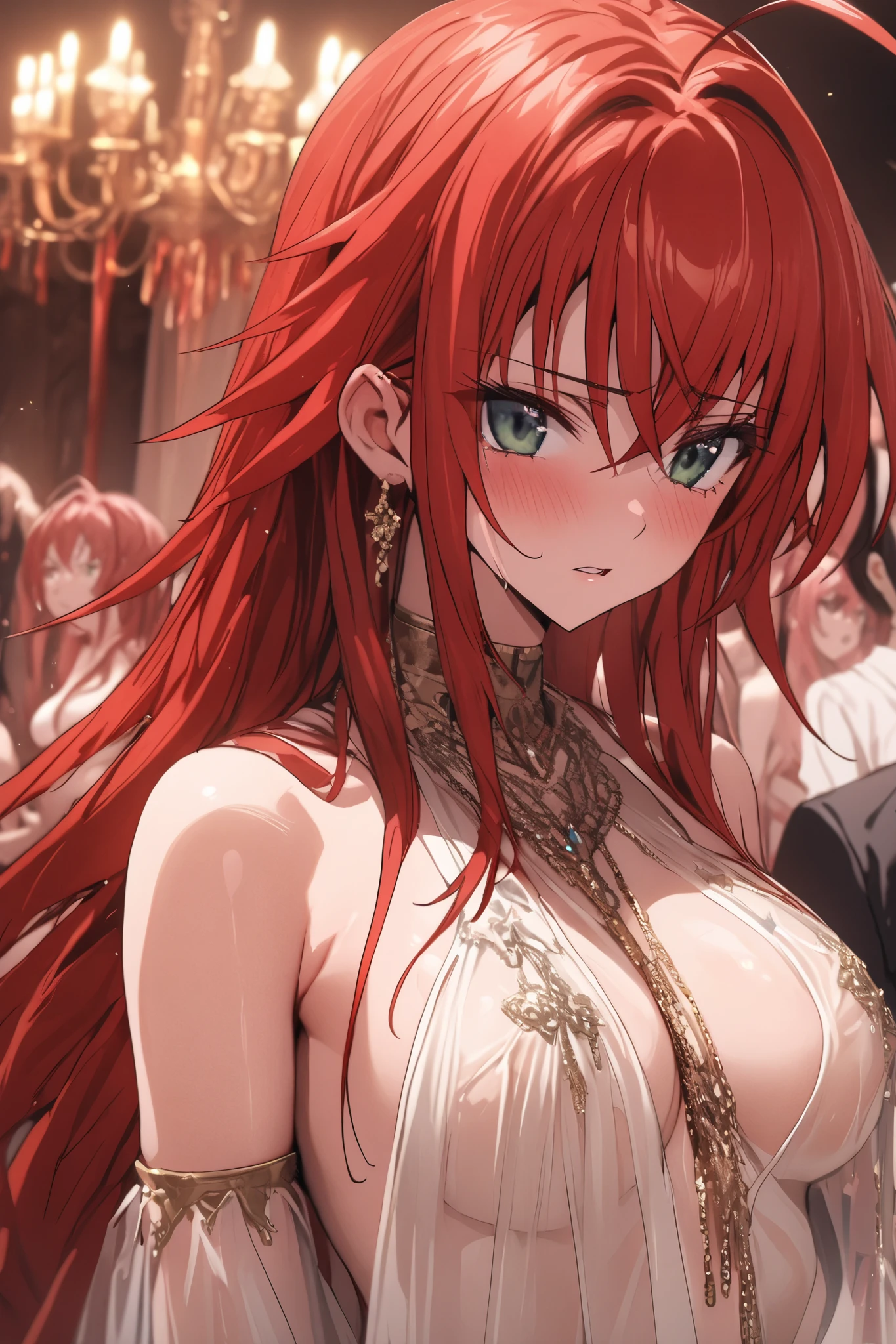 NSFW,masterpiece, top quality, high definition , very detailed, Rias Gremory、Huge ahoge、 long hair、Hair between the eyes、 green eyes、Red Hair,white see-through mini dress,Luxurious mansion, party venue ,concubine,Sad look