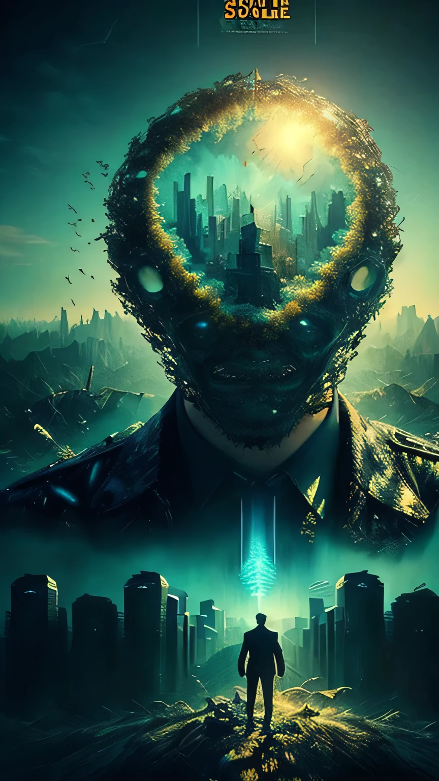 PORNSOULART : SENSUAL DEEPLY : Toxic world spilling out of the mind of businessmen who is laughing fantasy concept art surreal abstract double exposure style multiple layered poster