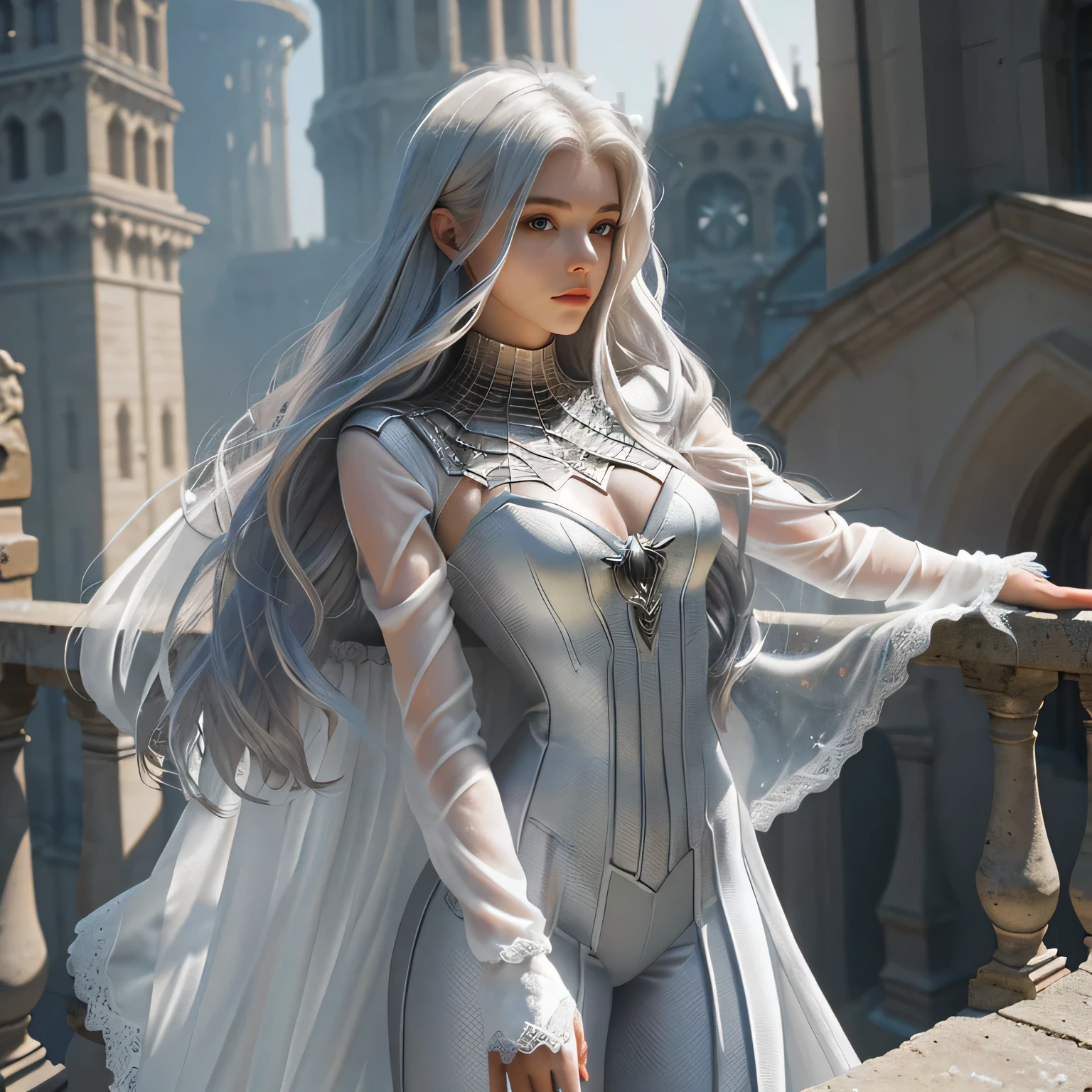 (Extreme Detail CG Unity 8K wallpaper, masterpiece, highest quality), (Exquisite lighting and shadow, highly dramatic picture, Cinematic lens effect), a beautiful girl in a white Spider-Man costume, white lingerie, silver gray hair color, long hair, from the Spider-Man parallel universe, Wenger, Marvel, Spider-Man, on the ancient tower, very beautiful face, dynamic pose), (excellent detail, excellent lighting, wide angle), (excellent rendego on ancient tower, enough to stand out in its clasocus on white Spider-Man costumes, complex spider textures