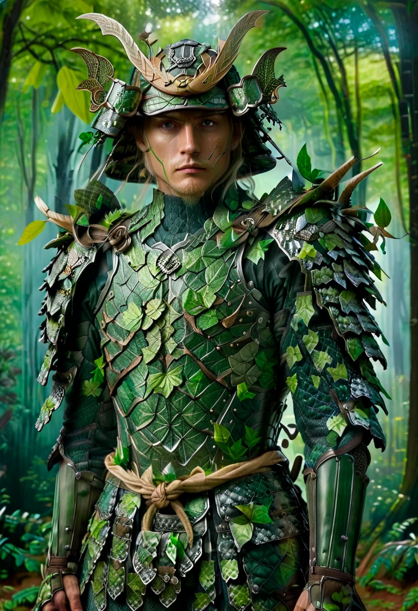 one white man, blonde hair, whole body head to feet, looking at viewer, stands upright, hands down, Samurai Armor and helmet,Armor and helmet are made of green moth and leaves,Armor color all green with made of green leaves,no metal,shiny armor, deep forest background,8K, realism