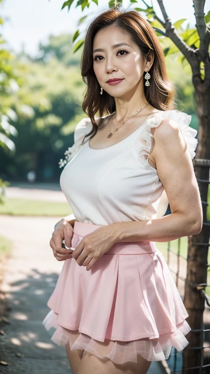 full body shot, from below,  Japanese woman with a viewing angle of, Wife, (68 years old:1.6),  detailed face , Facial wrinkles, Wrinkles around the eyes, smile,  detailed skin texture,  white skin,  heavy makeup ,  long hair, curvy body, (earrings,  necklace,  white blouse with ruffles:1.2), (pink tulle skirt, mini skirt:1.3), ( wearing high heels:1.2), ( standing in the park,  My whole body is photographed from toe to head:1.2), (surrealism, best quality, ultra detailed, absolutely resolution, 8k, anatomically correct), depth of field, looking at viewer, tachi-e, (gal.safetensors), (bimajo ), full body, Shoot from the front, throw
