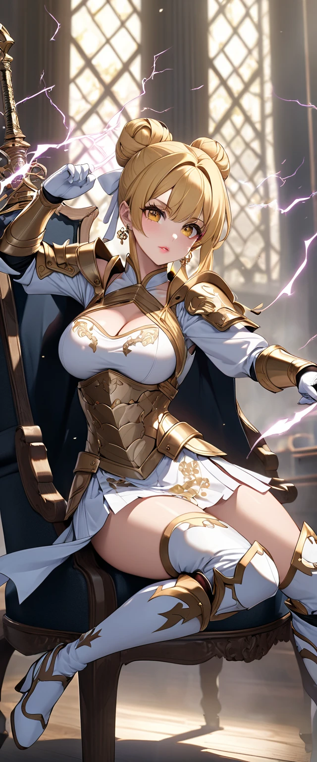 ( Perfect Anatomy )、 Mastepiece、 Ultra High Quality 、 8k、masterpiece、 top quality、 super high resolution 、Maximum resolution、Very detailed、 professional lighting、anime、woman、thin、 very beautiful in a chair 、Highly detailed eyes、 very detailed face、 Golden Earrings 、Blonde, bun, Yellow Eyes、 Detailed Armor Patterns 、Big breasts,  makeup, eyeliner, eye shadow, pink cheek, pink lips, goddess armor, white open mini skirt , full body, gold pattern, white super long boots, white long gloves, female martial artist, high heels, white clawed gauntlets, white cute headgear, gold knee armor, random pose, Striking with magical lightning