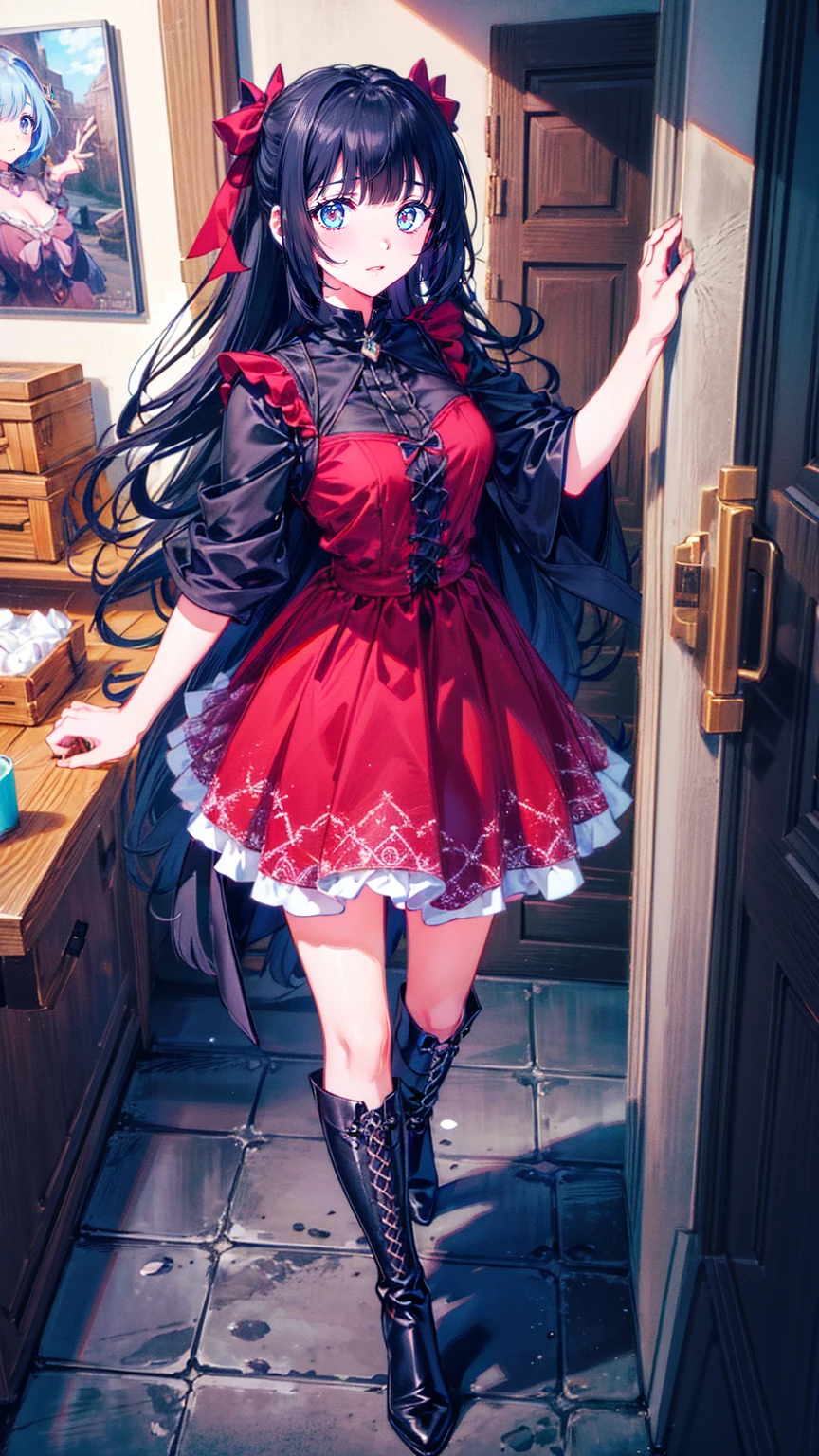 ( Highest : 1.2), (  very detailed bust: 1.2), (  very detailed bust CG: 1.2), ( resolution: 1.2), (The scariest), 8k,  Animated Illustration , 、 beautiful girl、とてもcute天使、I'm in front of the front door wearing a pink gothic dress、cute、Baby Face、smile、 Long Skirt、Black long boots、
