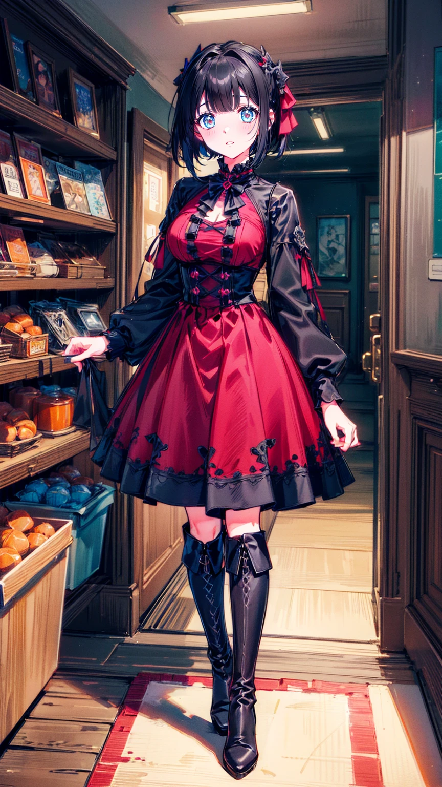 ( Highest : 1.2), (  very detailed bust: 1.2), (  very detailed bust CG: 1.2), ( resolution: 1.2), (The scariest), 8k,  Animated Illustration , 、 beautiful girl、とてもcute天使、I'm in front of the front door wearing a pink gothic dress、cute、、smile、 Long Skirt、Black long boots、
