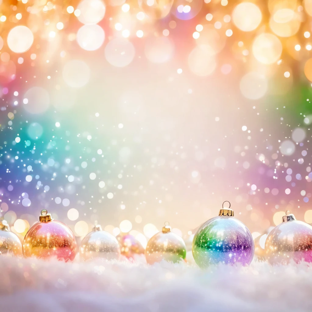 Merry Christmas greetings, "Merry Christmas", Christmas background image with Christmas details, Blurred pale light colorful gradient background, 🌟 💕 🎀, with bokeh of lights in the background, Shallow focus, blurry light particles. Rainbow Moon, stylish image, twinkle happiness!!!, Awesome, Official artwork