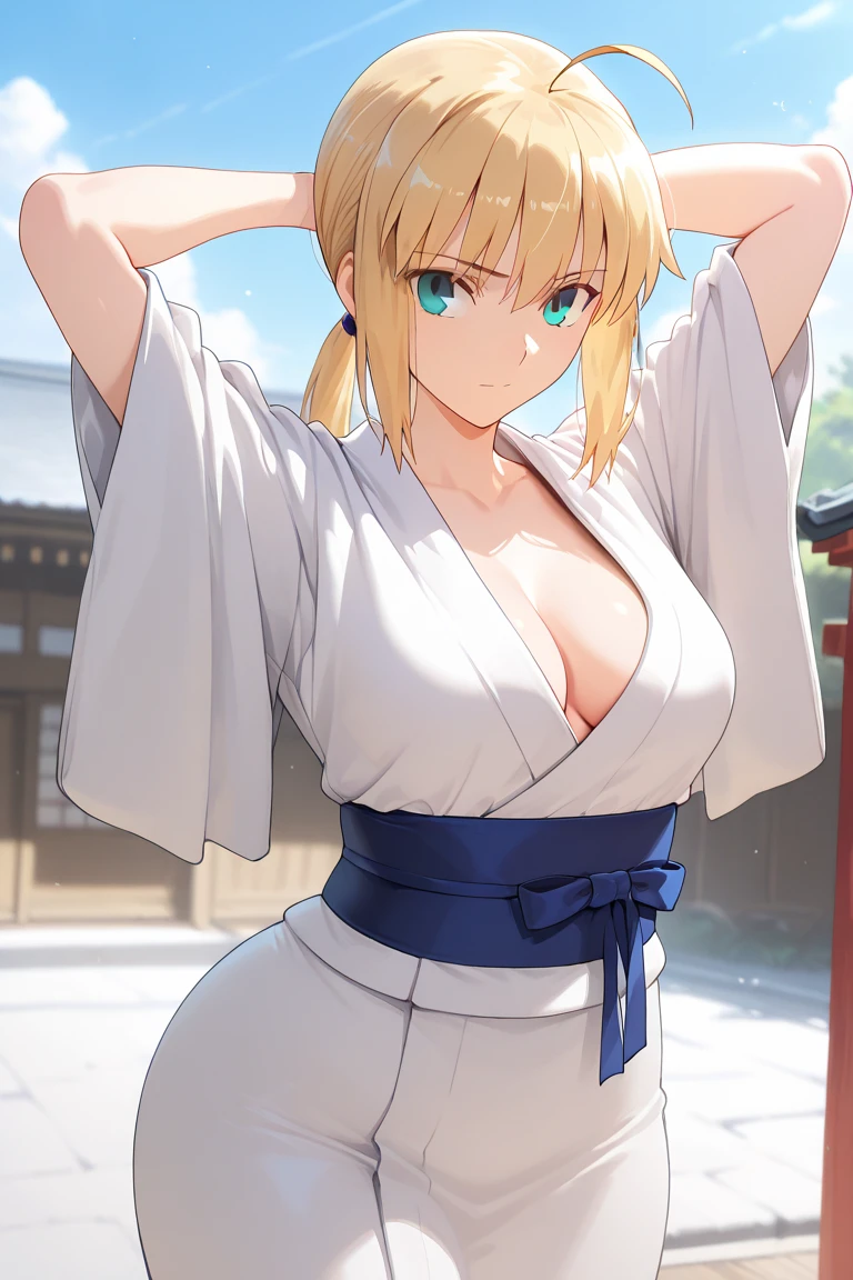 artoria pendragon, artoria pendragon (fate), saber, long hair, blonde hair, green eyes, ponytail, ahoge, large breasts, 1girl, solo, medium breasts, cleavage, japanese clothes, white kimono, hoari, arms behind head, day time, masterpiece, high quality, ultra details, perfect body, nice body, curvy, highly detailed, perfect hands, 4K Resolution, UHD