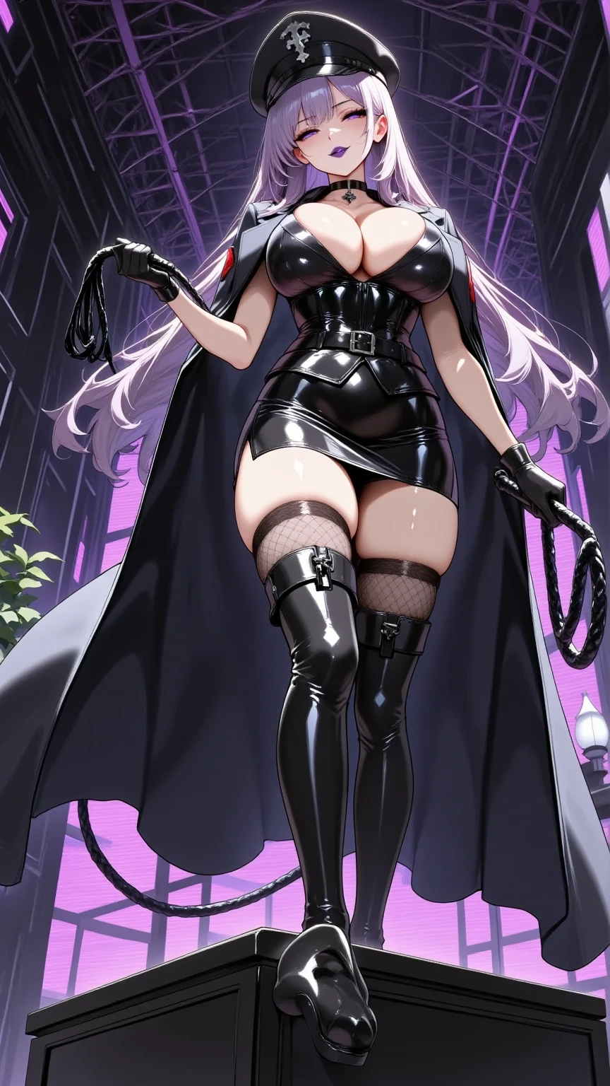  Young Beautiful Woman,(masterpiece, top quality, very detailed depiction, Incredibly Absurd High Definition ,Curvaceous Body,Beautiful legs,High quality skin),(Female executive of an evil organization:2.3),( Shiny Black Bondage Corset with Intricate Structures:2.0,Black Latex Tight Skirt :2.0,military hat,Military cloak,Black leather belt, leather thigh-high boots, long gloves, leather chokers , black tights),(Purple Eyes,Crazy Eyes:2.0, your eyes are half closed:2.0, big breasts, bewitching smile:2.3,Shiny purple lips,Shadowed face,Seductive gestures, holding a whip in her hand :2.0), full body image , is opening her mouth,background:Bedroom at night,Dim atmosphere, view from below