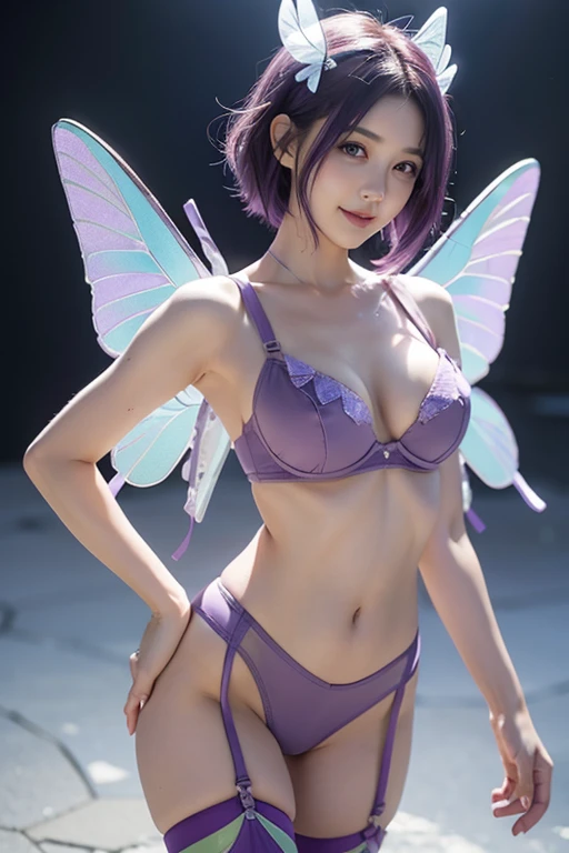 fairimon, purple hair, short hair, belt, bikini, bra, butterfly wings gauntlets, cleavage, garter straps, , highleg, highleg panties, navel, panties, purple bra, purple panties, swimsuit, thighhighs, underwear,((butterfly wings)), big breast, masterpiece、8k、Anime Face、A kind smile、 beautiful body 、Cowboy Shot,sexy、Very detailed、highest quality