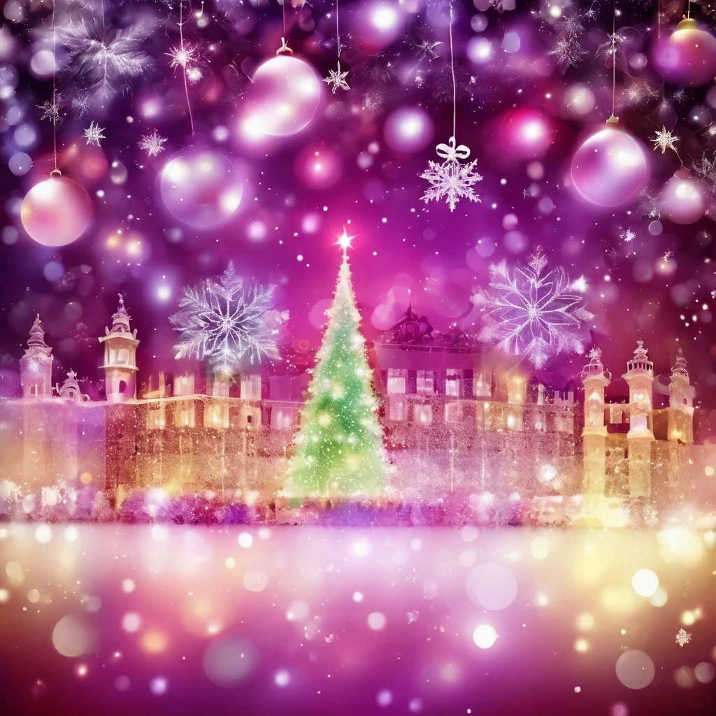 Merry Christmas greetings, "Merry Christmas", Christmas background image with Christmas details, Blurred pale light colorful gradient background, 🌟 💕 🎀, with bokeh of lights in the background, Shallow focus, blurry light particles. Rainbow Moon, stylish image, twinkle happiness!!!, Awesome, Official artwork