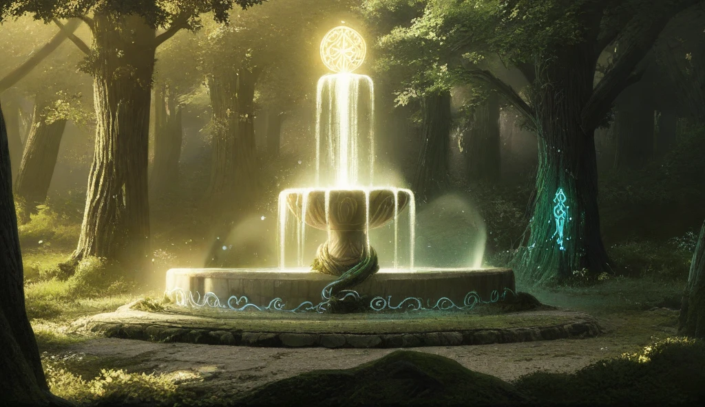 Create a breathtaking illustration of an enchanted forest infused with ancient magical energy. In the heart of the forest lies the Sacred Fountain, a shimmering pool of mystical water emanating a soft, ethereal glow. The fountain is surrounded by intricate stone carvings, glowing runes, and overgrown vines, emphasizing its ancient origins. Eight unique representatives from different tribes—each dressed in distinct ceremonial attire reflecting their culture—gather solemnly around the fountain, preparing for the great competition to determine the new guardian of the forest.

In the background, towering ancient trees with glowing leaves form a protective canopy, and various magical creatures peek from the shadows, adding life to the scene. Above it all, the current Queen of the Forest, a regal figure with an aura of wisdom and authority, watches from her throne carved into a massive tree trunk, her appearance radiant and commanding, yet tinged with sorrow for the ending of her era. The setting conveys a mix of reverence, anticipation, and the timeless balance of nature and magic.

Add subtle details that hint at the fountain’s waning power, such as cracks in the stones and dimming light. The atmosphere should feel mystical, with soft golden sunlight filtering through the treetops, illuminating the gathering with a sense of destiny.