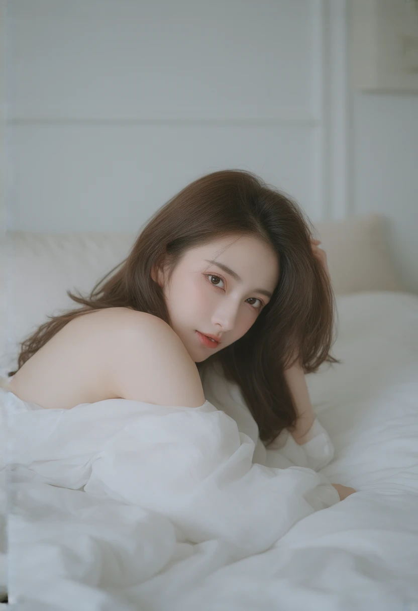 (((4K quality))),girl,(((cool beauty K-pop idol))),student,(((half open with nude cardigan uniform))),double eyelid,oval face,Long brown hair,Modest Breasts,Athlete built,blue eyes, upturned eyes, Surrealism, fullbody , Lying back on bed, Canon, f/3.8, 8k, super detail