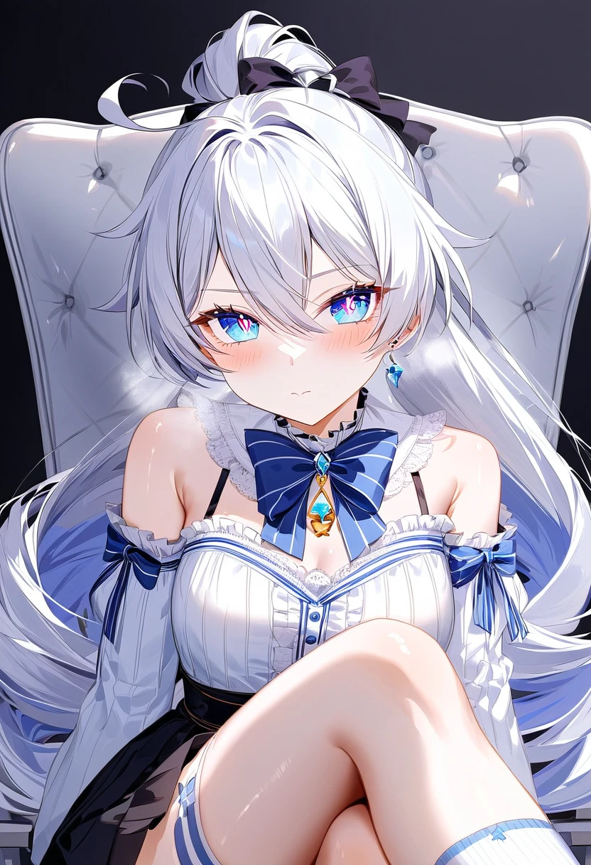 score_9, score_8_up, score_7_up, masterpiece, best quality, very aesthetic, absurdres, 1girl, adult grown woman, solo, kiana kaslana \(honkai impact 3rd\), herrscher of finality, white hair, ahoge, ponytail, long hair, blue eyes, symbol-shaped pupils, blush, closed mouth, heavy breathing, cute anime outfit, light blue ruffled blouse, navy blue ribbon bow with golden pendant, cold-shoulder sleeves, high-waisted pleated black skirt with white trim, asymmetrical white inner pleat, black thigh garter with blue crystal charm, striped blue and white thigh-high sock, detailed stitching, subtle fabric textures, matching navy hair ribbon, modern fantasy casual style, crossed legs, sitting in a chair, sitting, black background