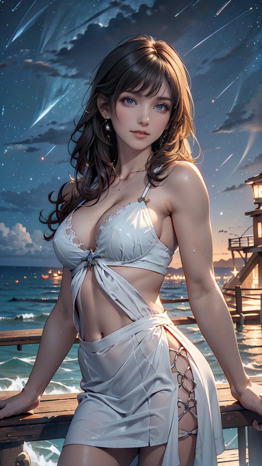 ((masterpiece, top quality,   Details)),  cowboy shot that points to the sky, ( 1 girl :1.2), Alone, ( seductive smile:1.3), chest,  standing with different breasts ,  watching viewers, (sea:1.3),( starry sky :1.3) ,  