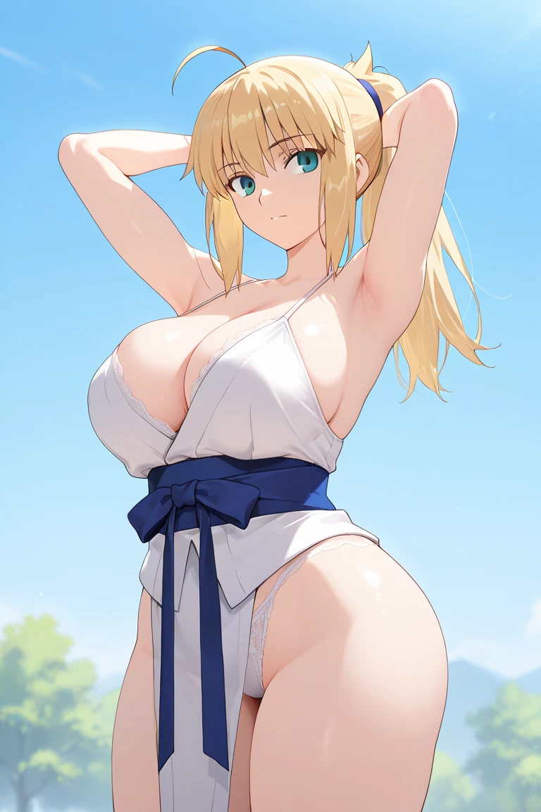 artoria pendragon, artoria pendragon (fate), saber, long hair, blonde hair, green eyes, ponytail, ahoge, large breasts, 1girl, solo, big breasts, cleavage, japanese clothes, white lingerie, arms behind head, day time, masterpiece, high quality, ultra details, perfect body, nice body, curvy, highly detailed, perfect hands, 4K Resolution, UHD