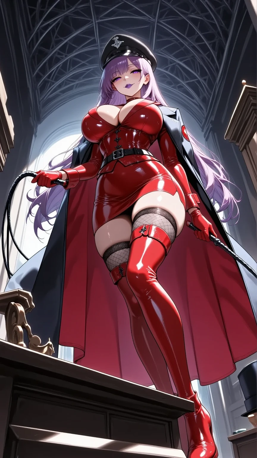 One young and beautiful woman,(masterpiece:1.3, top quality:1.3, very detailed depiction:1.3, Incredibly Absurd High Definition :1.3,Curvaceous Body,Beautiful legs,High quality skin),(Female executive of an evil organization:2.3),(shiny red bondage corset with intricate structure:2.0,Red Latex Tight Skirt :2.0,military hat,Military cloak, leather belt , leather thigh-high boots, long gloves, leather chokers ,Red tights),(Purple Eyes,Crazy Eyes:2.0, your eyes are half closed:2.0, big breasts, bewitching smile:2.3,Shiny purple lips,Shadowed face,Seductive gestures, holding a whip in her hand :2.0), full body image , is opening her mouth,background:Bedroom at night,Dim atmosphere, view from above:2.0, forward leaning position:2.0