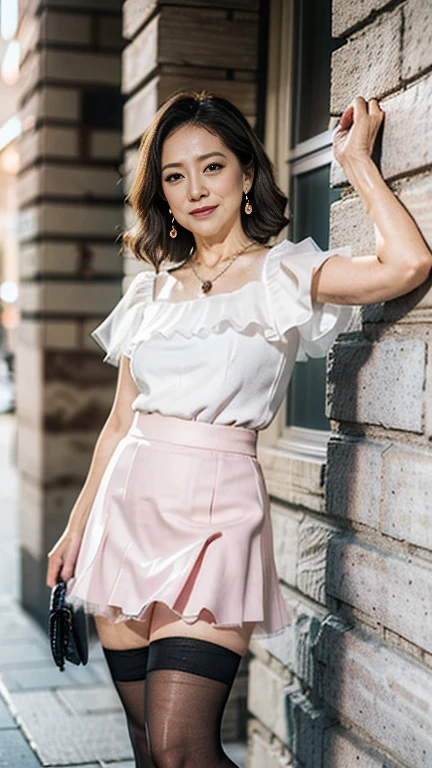 full body shot, from below,  Japanese woman with a viewing angle of, Wife, (68 years old:1.6),  detailed face , Facial wrinkles, Wrinkles around the eyes, smile,  detailed skin texture,  white skin,  heavy makeup ,  long hair, curvy body, (earrings,  necklace,  white blouse with ruffles:1.2), (pink tulle skirt, mini skirt:1.3), (black thighhighs,  wearing high heels:1.2), (Standing on the sidewalk,  photograph the whole body from toe to head:1.2), (surrealism, best quality, ultra detailed, absolutely resolution, 8k, anatomically correct), depth of field, looking at viewer, tachi-e, (gal.safetensors), (bimajo ), full body, Shoot from the front, throw
