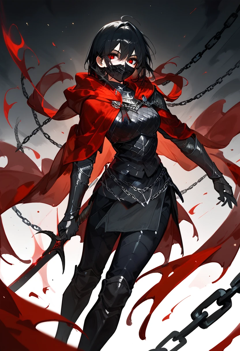 knight,Black mask ,cool,Black hair, with a red shawl,Black Chain Sword,thin,girl, in red eyes 