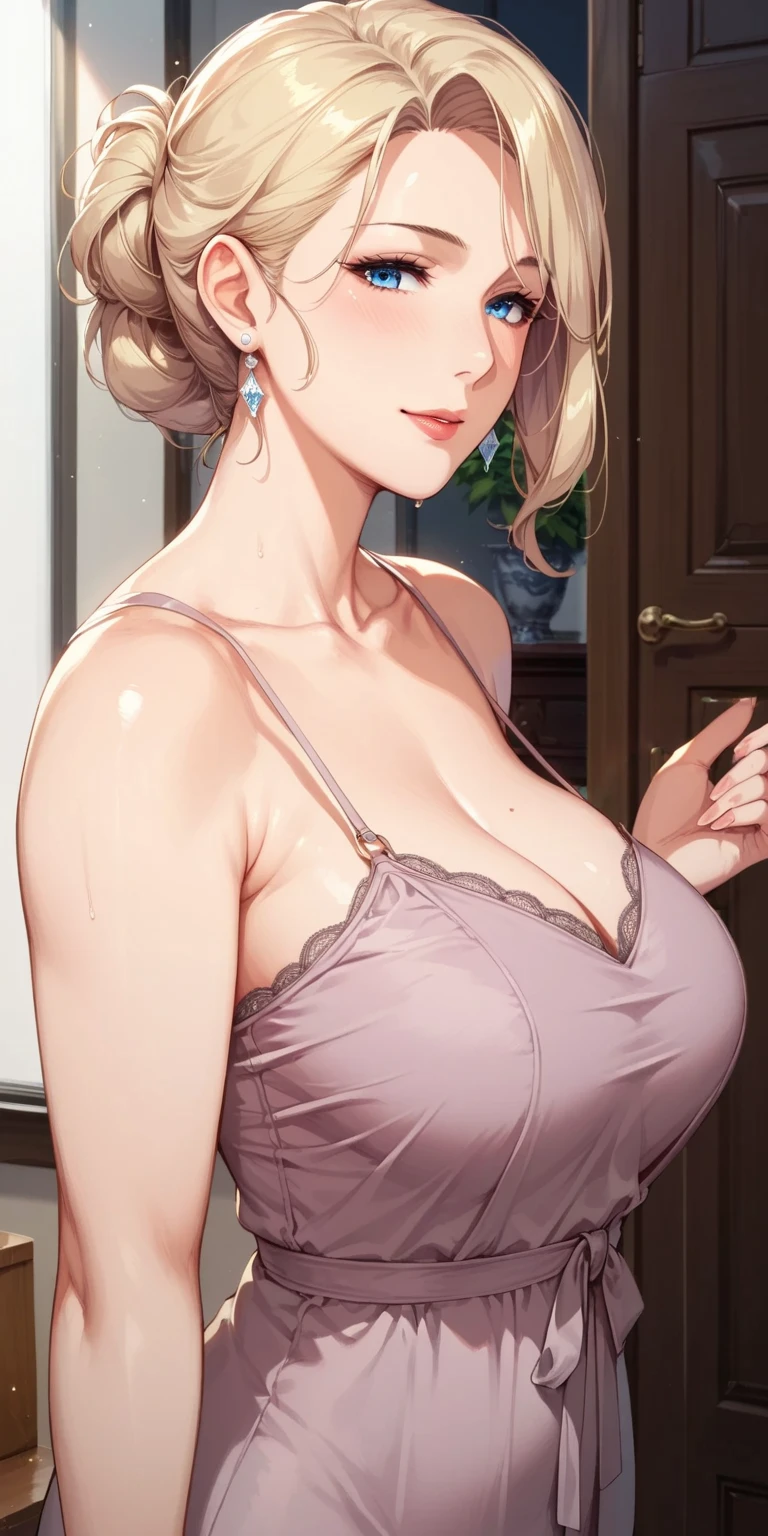 score_9, score_8_up, score_7_up, blonde, blue eyes, perfect eyes, anime milf, elegant mature woman, home, soft light