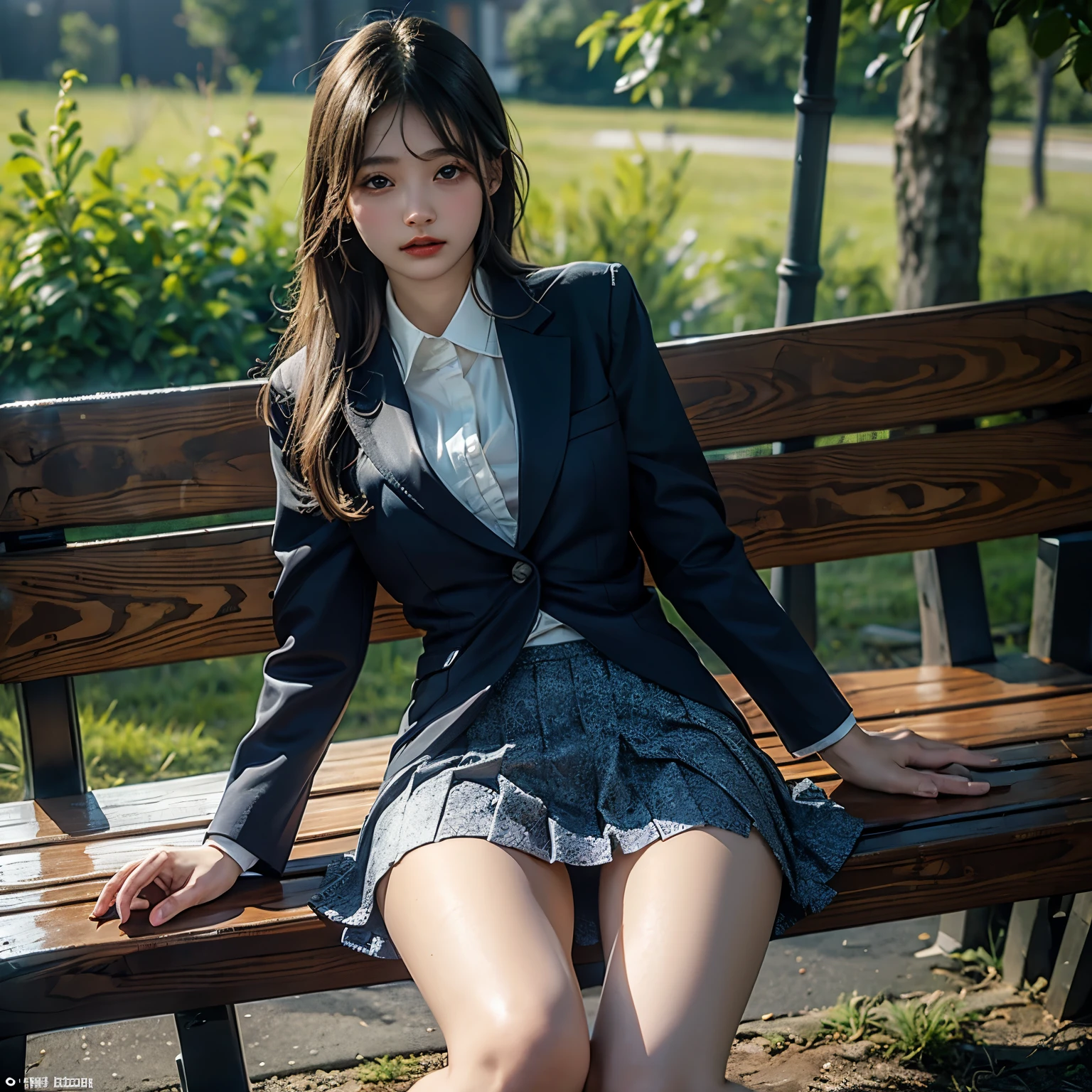 masterpiece,  top quality, 8k,  photorealistic,  high definition , 1 Girl, Alone, (  DETAIL FACE ), Blonde,  Transcendental Beautiful Girl,  sexy expression  ,(( tight skirt that sits at the crotch、 blazer、Panchira from the delta zone、 lace panties)), Sitting on a Bench 、 on the verge of crossing