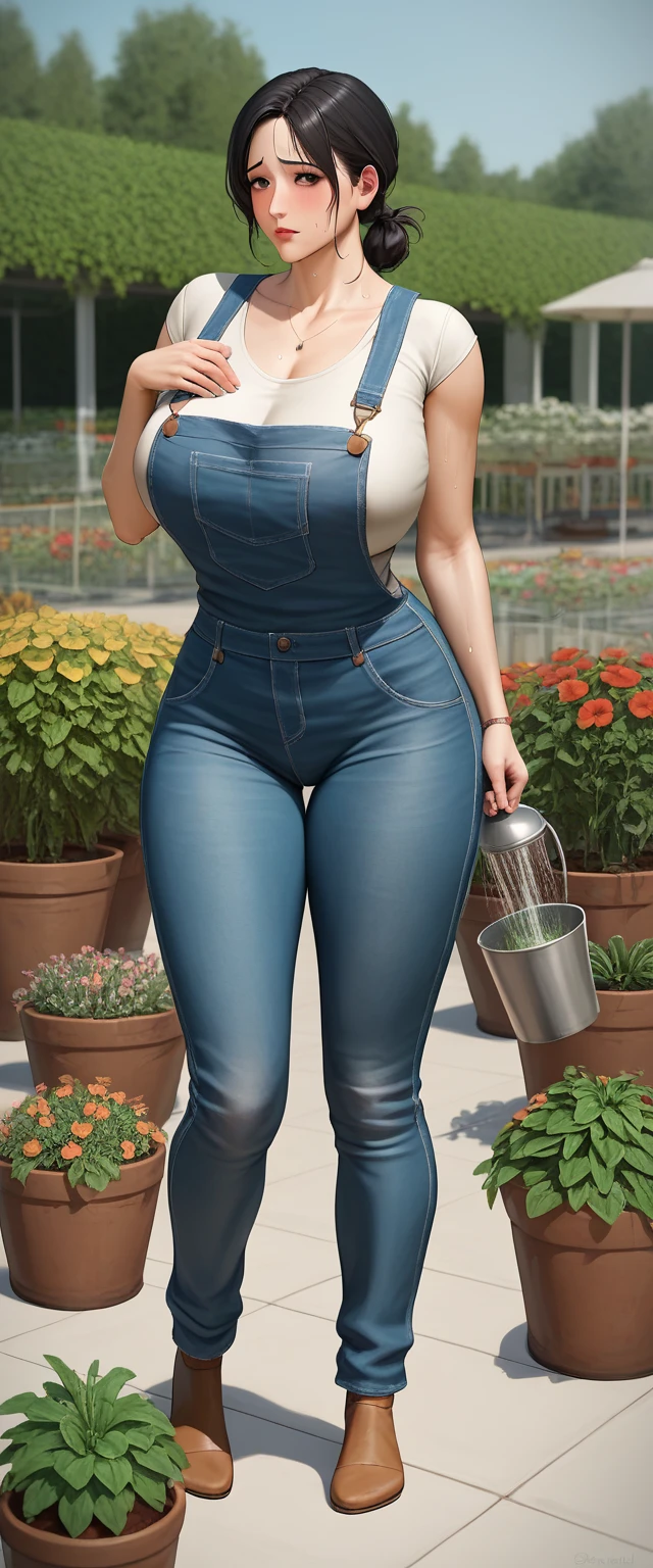 4K, Masterpiece,gardener , girl,Black hair,Black eyes,Hair tie,สวนBackyard,plant,vegetable,gardener,earth,Sexy, big-breasted panties, Wide Hips ,Shy,realistically,White skin,milf,sweat,earthสีน้ำตาล,วัชplant,Backyard,Wear overalls, watering the plant