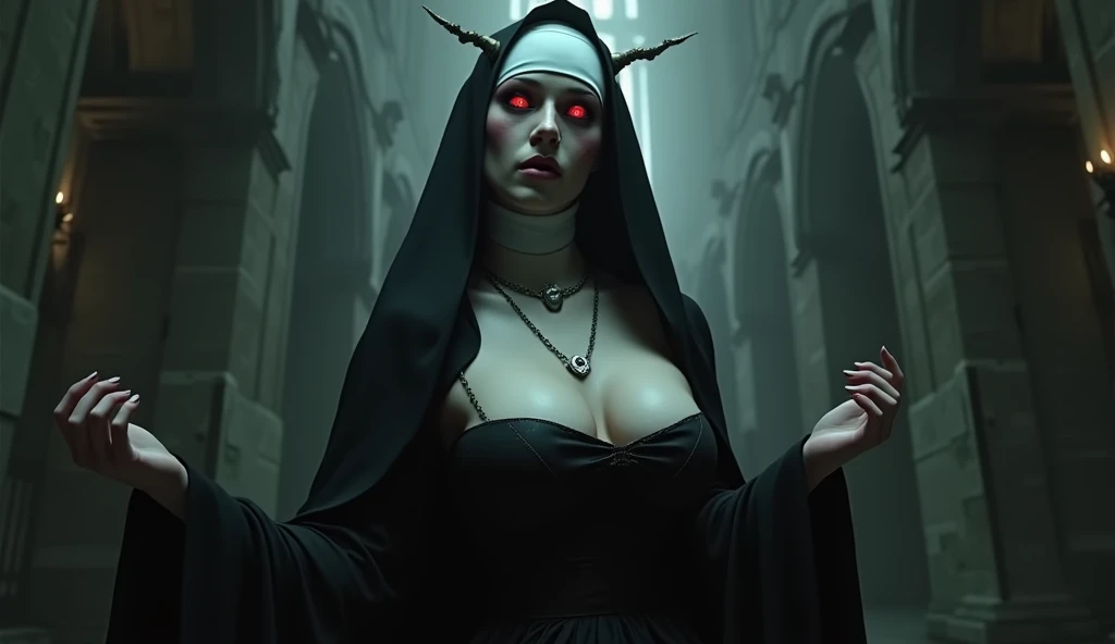 80 year old devil nun, grandmother, big naked breasts, Perverted, obscene, blasphemy, grotesque, sweaty, large artificial silicone breasts, perfect nipples, detailed eyes, Red eyes, Detailed lips, Beautiful face, full makeup, evil_seductive smirk, seductive pose on the altar, evil looking cathedral, dark atmosphere, body fluids are everywhere, urine, sperm, Scat, 8 k, realistic photo half length, soft natural light, Photorealistic, very detailed, crazy details, very detailed, epic, Photorealistic photography, Hyper-ornate details, details, ultra detail, Unreal engine 5