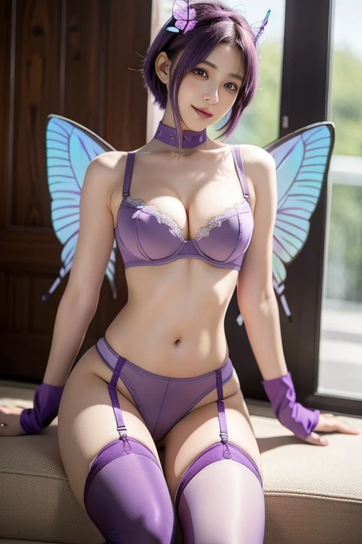 Gacha, chibi, full body, short hair, dark purple hair, hair highlights, butterfly tendrils, bright purple eyes, soft lilac skin tone, butterfly wings