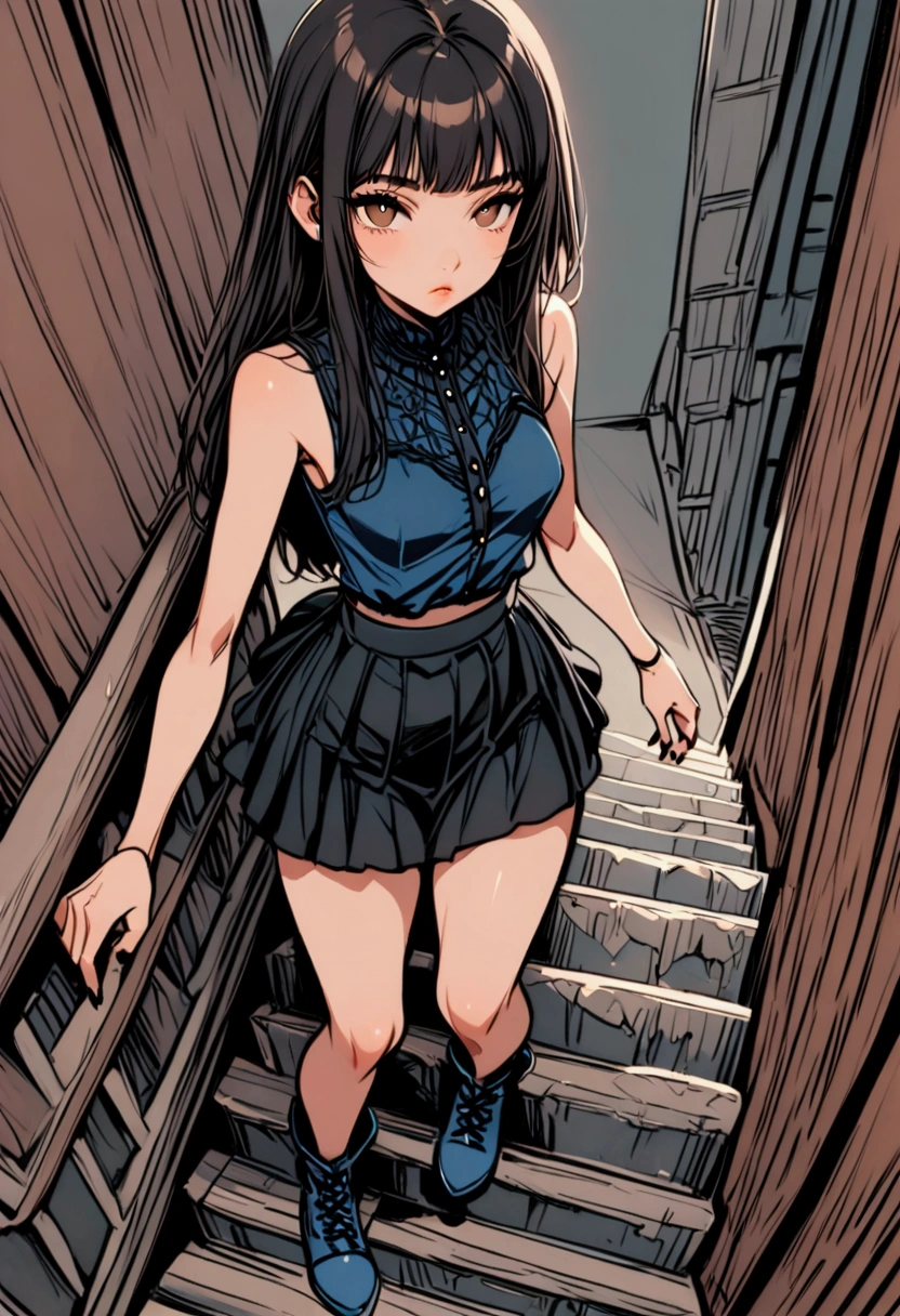 Woman with squirrel face, girl's body But with squirrel fur, slim, small tits, modest ass, brown eyes, Black hair with long, straight brown strands, dressed in sleeveless blue blouse showing her tits, Black chill skirt, blue boots, Full body, Climbing some stairs