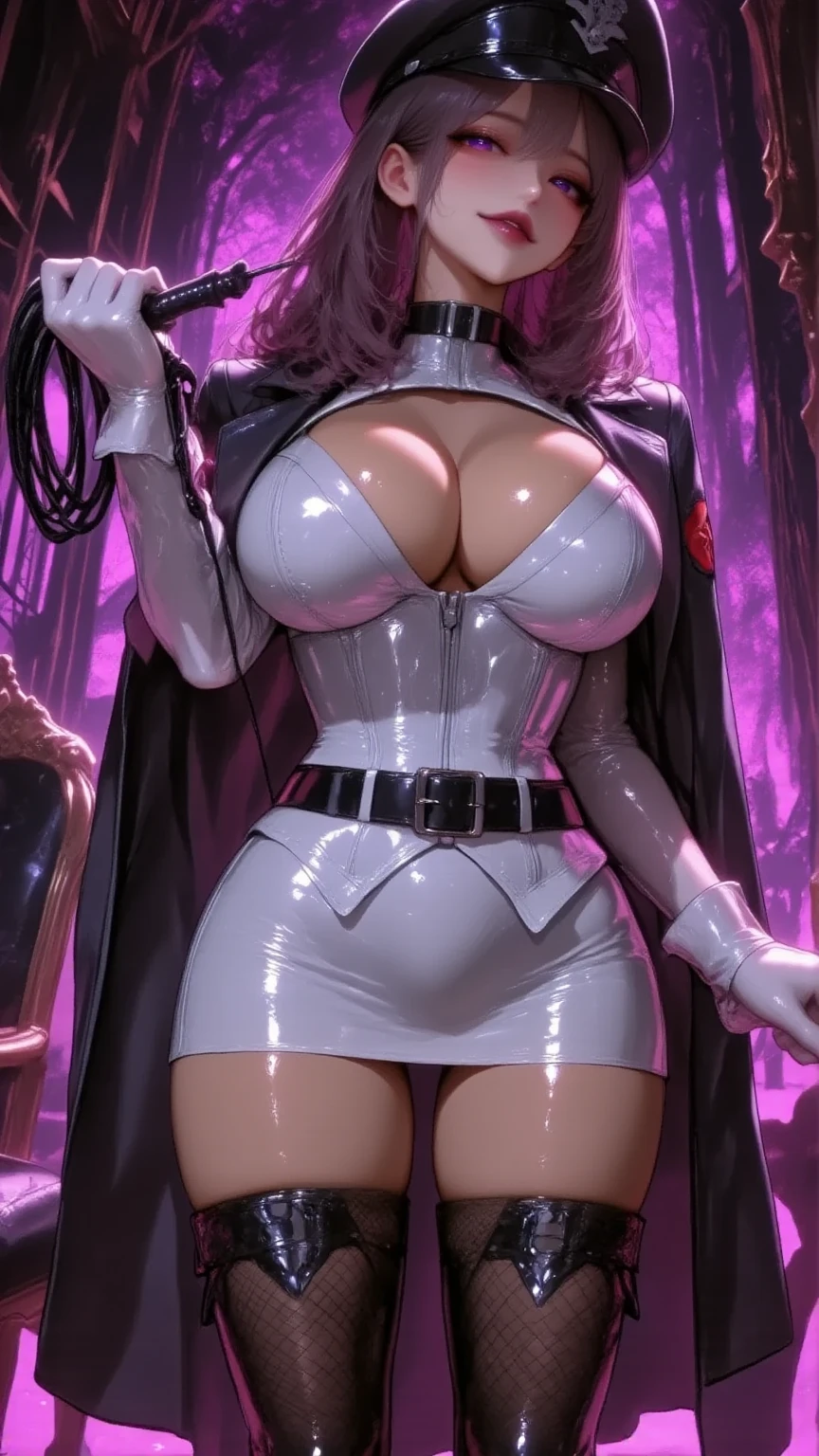 (Masterpiece) realistic BIG bust to the pelvic area of a beauty hyperrealist & photorealist beauty young astonishing idol kpop KNIGHT QUEEN girl in highly & extremely detailed black & white futuristic combat suit body (WITH IRON TEXTURE) with cape & scarf (masterpiece), magic & incantation glowing flying surrounded her, Unity 8k, pearly perfect tanned wet skin with pores (short bob cut hair with colorful bangs fringes) ((perfect face shapes, complete perfect red lips, perfect nose, correct beautiful eyes, eyelashes, detailed intricate iris textured face in ZBrush)), full HD vines, midnight aura, BLOODBOURNE style aesthetic, developed by Unreal Engine 5, Ultra Sharp Focus, Art by Alberto Seveso, Sci-Fi, vibrant & intricate Artwork, golden Ratio, epic