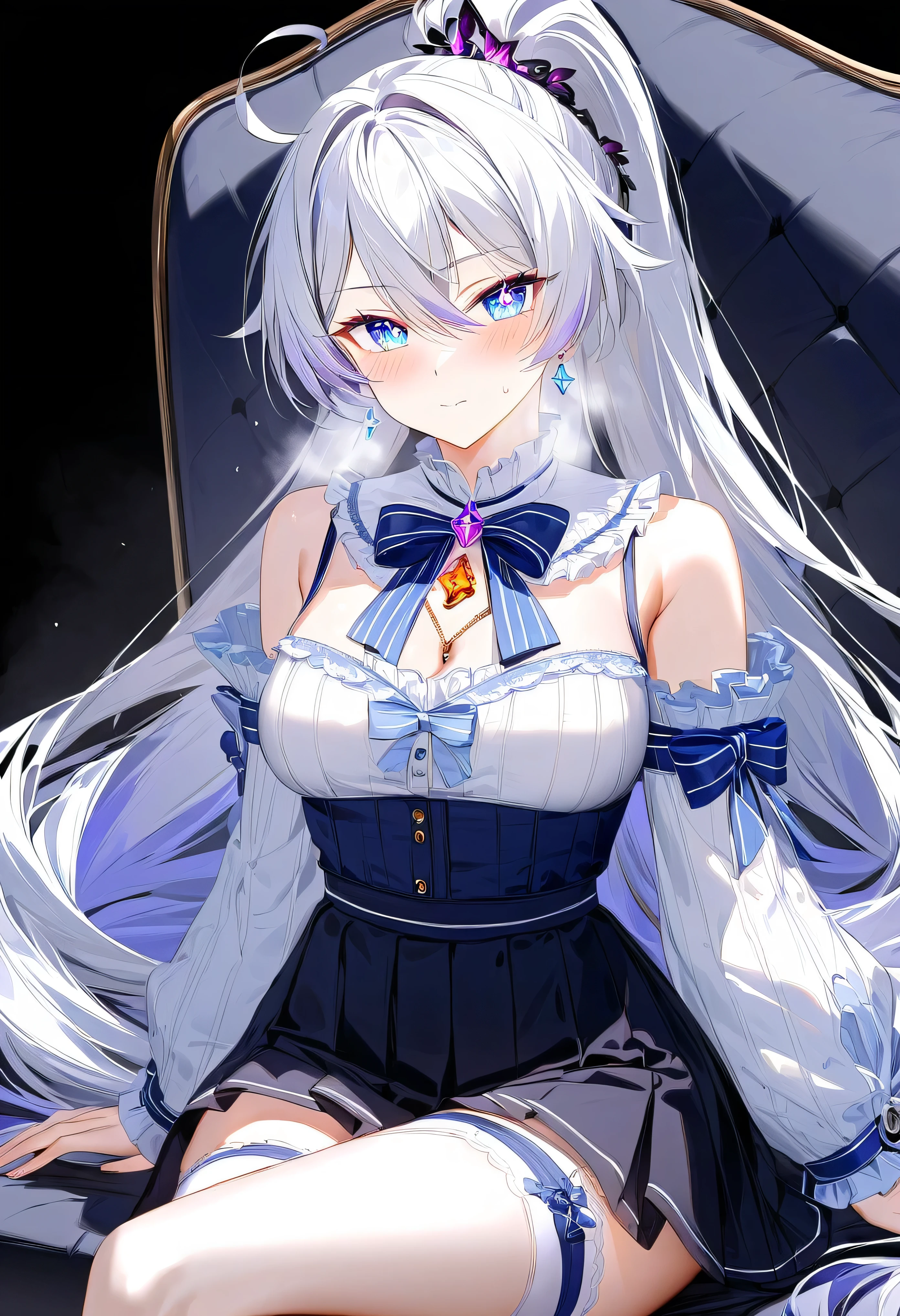 score_9, score_8_up, score_7_up, masterpiece, best quality, very aesthetic, absurdres, 1girl, adult grown woman, solo, kiana kaslana \(honkai impact 3rd\), herrscher of finality, white hair, ahoge, ponytail, long hair, blue eyes, symbol-shaped pupils, blush, closed mouth, heavy breathing, cute anime outfit, light blue ruffled blouse, navy blue ribbon bow with golden pendant, cold-shoulder sleeves, high-waisted pleated black skirt with white trim, asymmetrical white inner pleat, black thigh garter with blue crystal charm, striped blue and white thigh-high sock, detailed stitching, subtle fabric textures, matching navy hair ribbon, modern fantasy casual style, crossed legs, sitting in a chair, sitting, black background