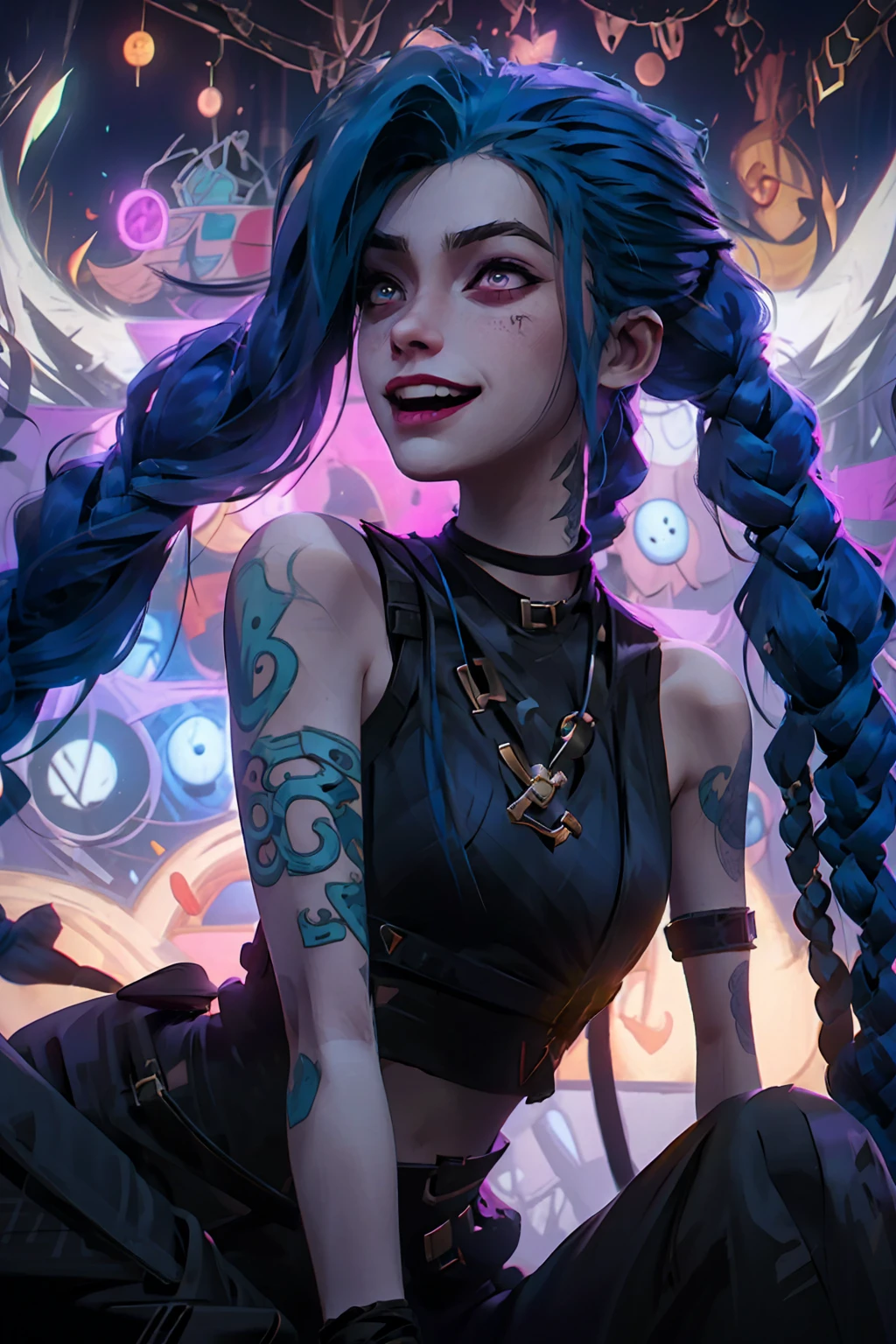 Jinx neon realismo Arcane style，1girll，Arm tattoos，asymmetricalbangs，By bangs，blue hairs，pigtails，brown shirt，cloud tattoo，looking at viewert，laughingly，frenzied，Uncontrollable laughter，Crazy look，the night，City，blue hair，long whitr hair，Mid-abdomen，a pink eyes，lips in red，The shirt，solo，standing on your feet，Tattooed with，Double up braid，The upper part of the body，arcane bad luck ,Sitting against the wall with the left leg raised parallel to the wall. The dark wall behind has lines drawn in bright pastel colors.Jinx（league of legend\）
