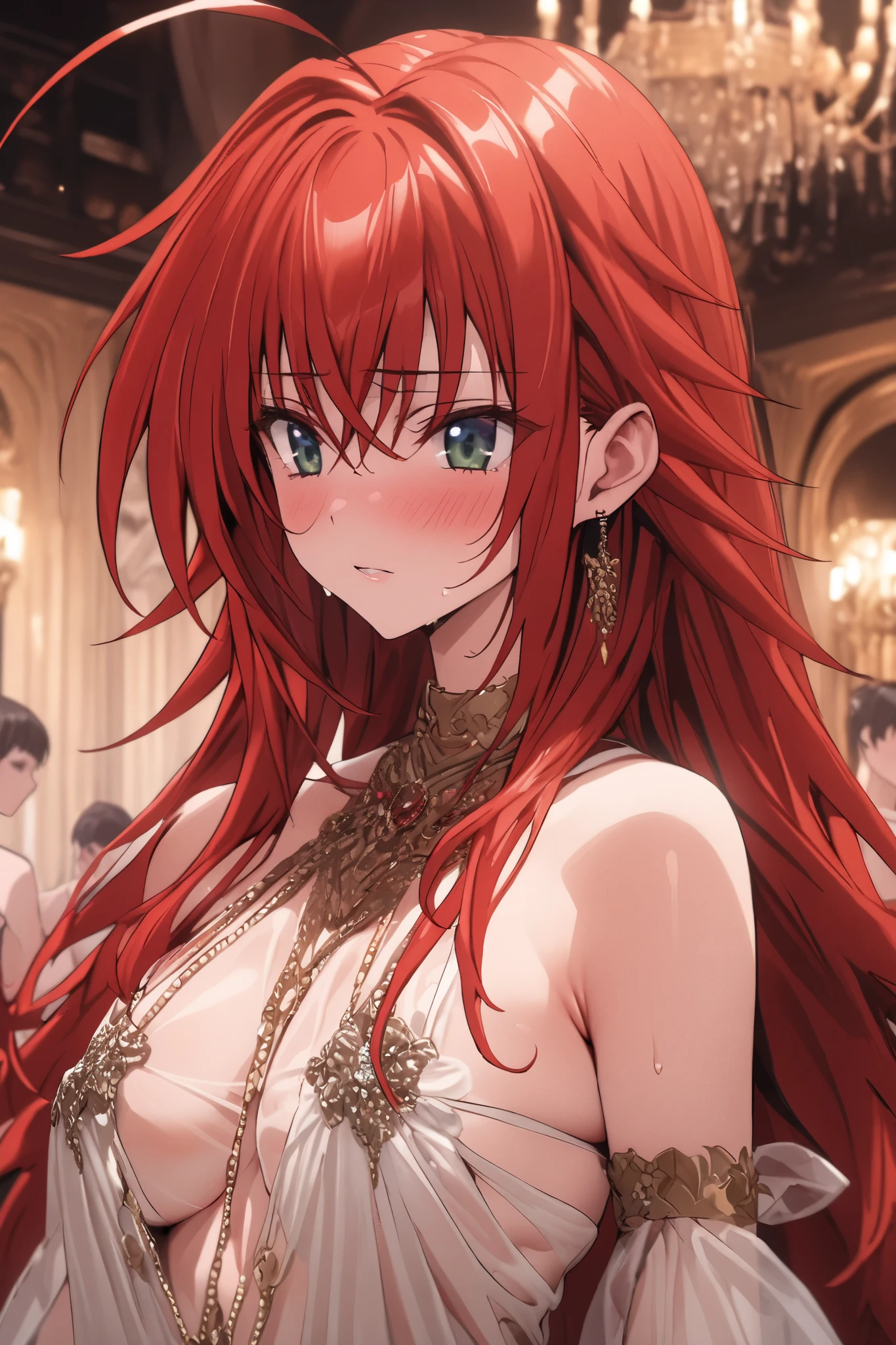 NSFW,masterpiece, top quality, high definition , very detailed, Rias Gremory、Huge ahoge、 long hair、Hair between the eyes、 green eyes、Red Hair,white see-through mini dress,Chest cut-in,Luxurious mansion, party venue ,concubine,Sad look, Chest Rubbed ,Being caressed