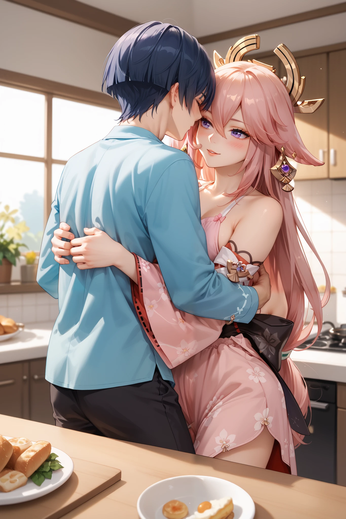 1woman, yae miko \(genshin impact\), wearing open pajama, bre boobs, sit on table pose, 1boy, young boy, Shotacon, scaramouche \(genshin impact\), wearing pajama, standing pose, hugging from behind, blushing, inside kitchen, night