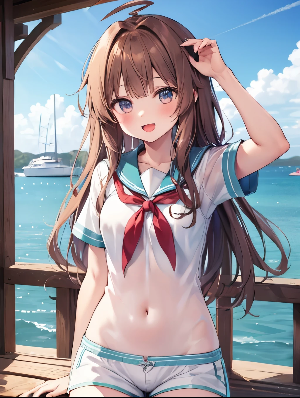 A woman standing on a sailboat deck, wearing a nautical striped swimsuit or cover-up. She’s holding onto the boat’s railing, with the open sea and clear sky in the background. Nautical details like ropes, a captain’s hat, or a lifebuoy enhance the scene. The sun is shining, creating a bright and adventurous atmosphere.