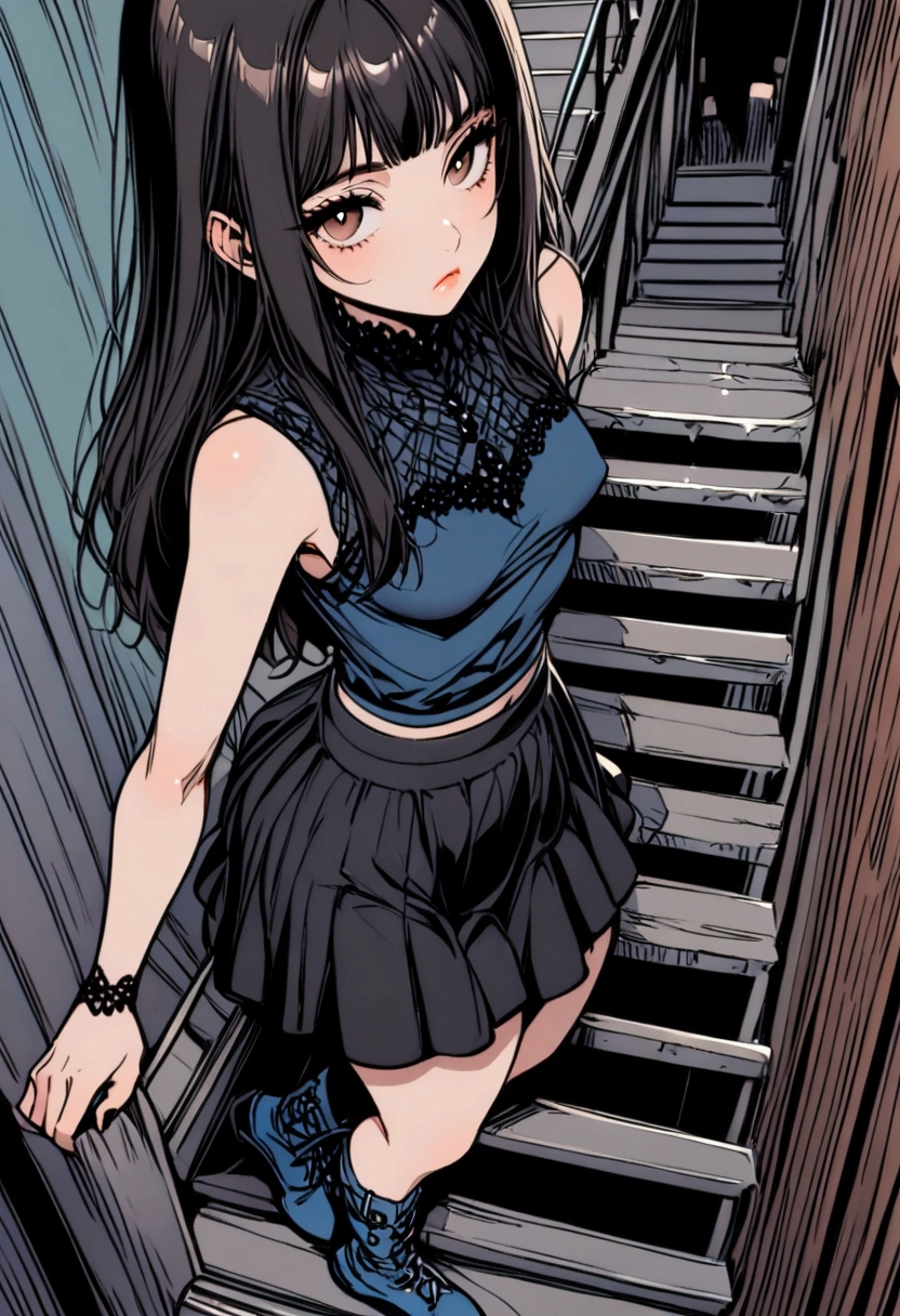 Woman with squirrel face, girl's body But with squirrel fur, slim, small tits, modest ass, brown eyes, Black hair with long, straight brown strands, dressed in sleeveless blue blouse showing her tits, Black chill skirt, blue boots, Full body, Climbing some stairs