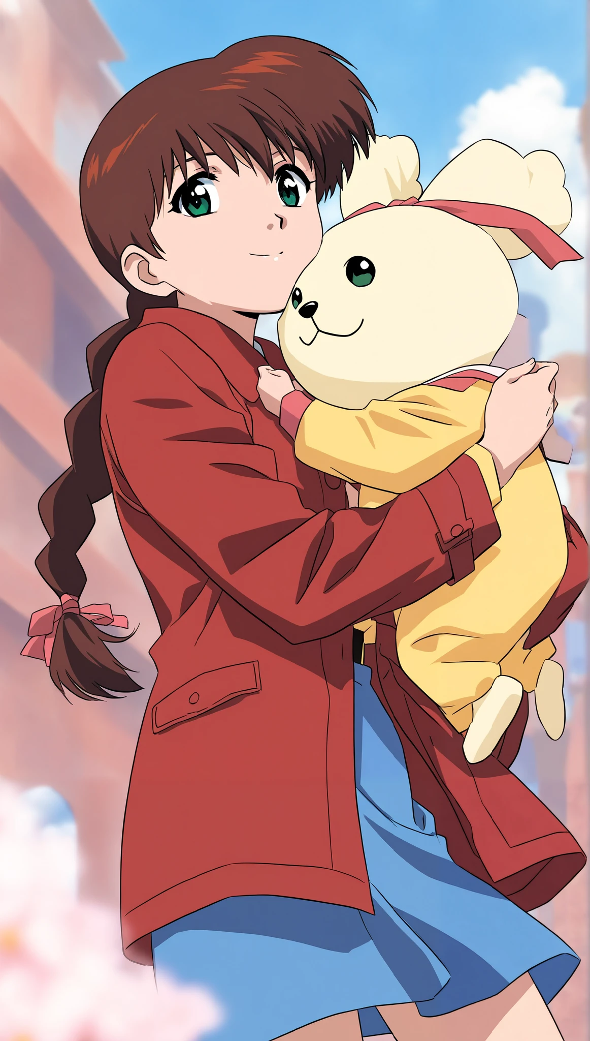 masterpiece , best quality , good quality, Miyanoshita _Satsuki, 1 , Alone, brown hair, green eyes, single braid , long hair, fringe, Yellow long sleeves 11 mark ,
blue skirt,red coat,yellow long sleeves,
anime coloring , open air, is, sky,
to smile, looking at the viewer , Cowboy _outlet, holding a Chromakey card