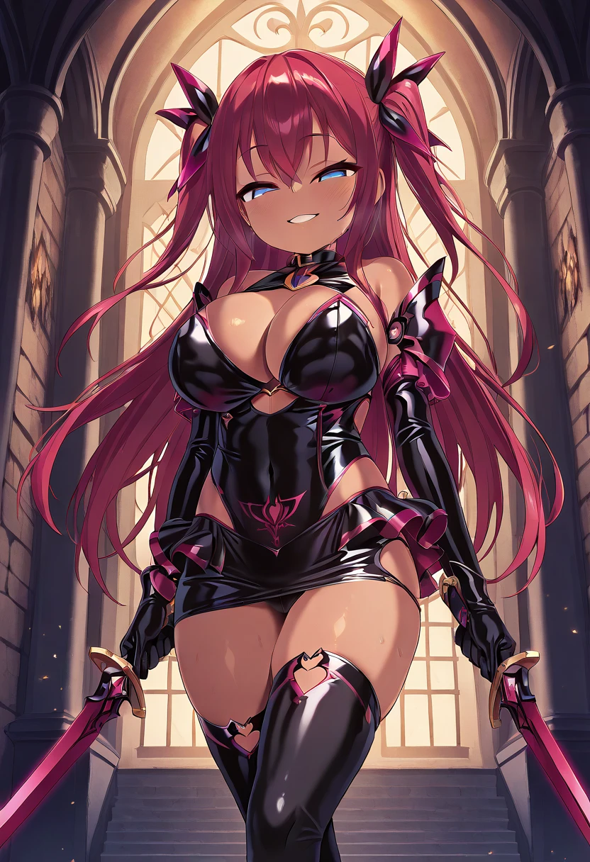 ,1 ,black princess,knight,tight clothes, microskirt, mesugaki, oppai loli, corruption, evil depravity, crossed legs,dark skin,underarm hair,cute face,big eyes,double eyelid,seductive smile,semi-long hair,red hair,blue eyes,from front,indoors,night,castle,holding a sword,dual wielding,fantasy,masterpiece, extremely fine and beautiful,masterpiece,highly detailed, masterpiece, highest quality, highest image quality, highest resolution, very detailed, attention to detail, 16K,