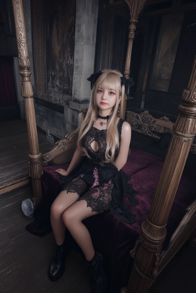 1girl,Jiraikei_Fashion_Flux, sits atop a grand, medieval bed in a dimly lit, ominous castle. Her legs are crossed confidently, and she wears a dark lace dress adorned with pastel pink accents. Her blonde twin tails tied with black ribbons gently fall over her shoulders as she looks down at the viewer with a smug, superior expression, her red eyes. The bed is ornately carved from dark wood, with velvet drapes framing it. The stone walls of the castle are adorned with faded tapestries, and the distant sound of thunder echoes through the grand hall. Shadows twist and dance across the room, giving an overwhelming sense of dread. This **full body, wide shot** captures the full scene of her relaxed posture against the backdrop of a decaying yet majestic medieval setting. **Jiraikei, full body, wide shot, dark medieval castle, foreboding atmosphere, crossed legs**.